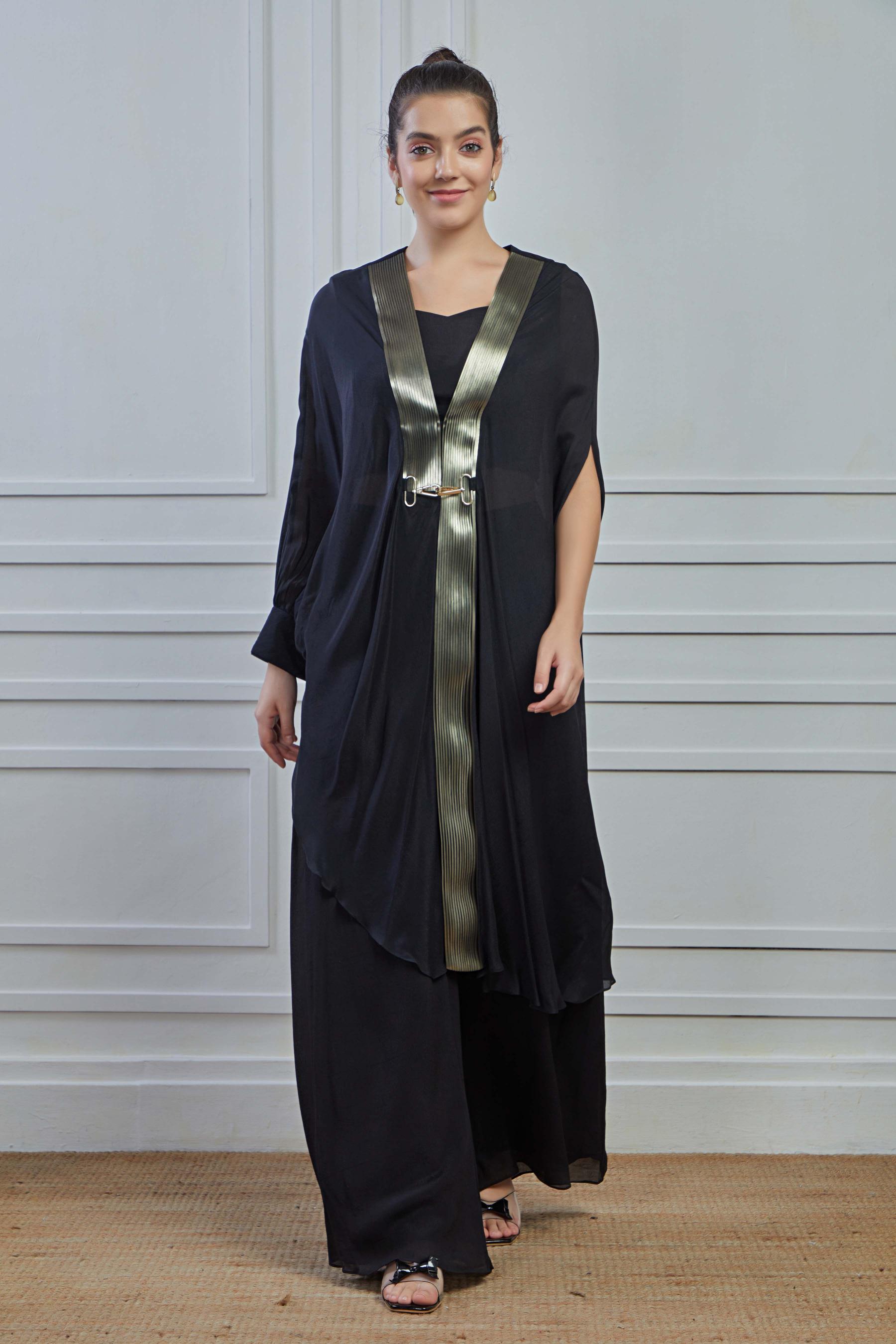 Black Solid Crepe Silk Kaftan Palazzo Set