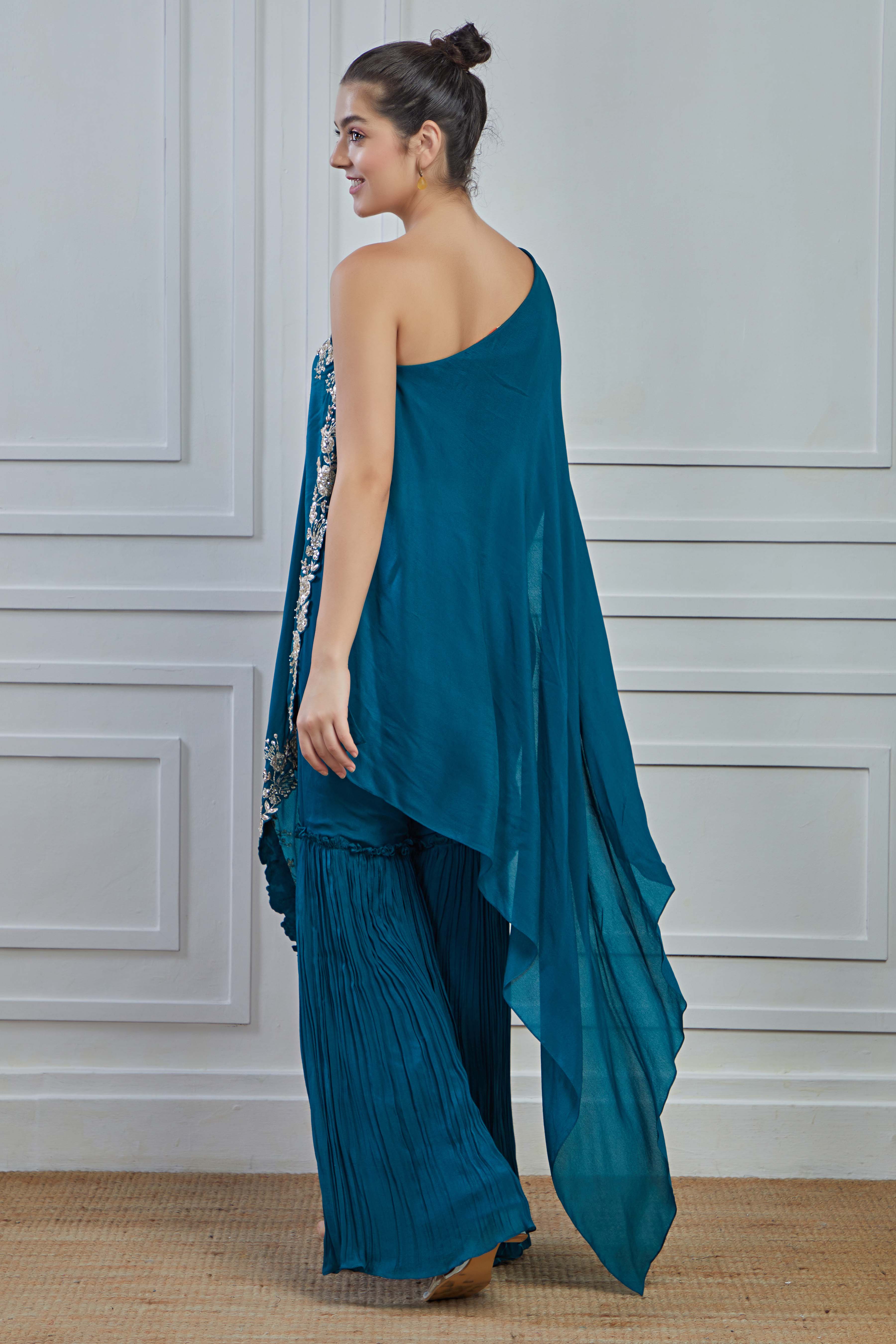 Teal Embroidered Crepe Silk Tunic Sharara Set