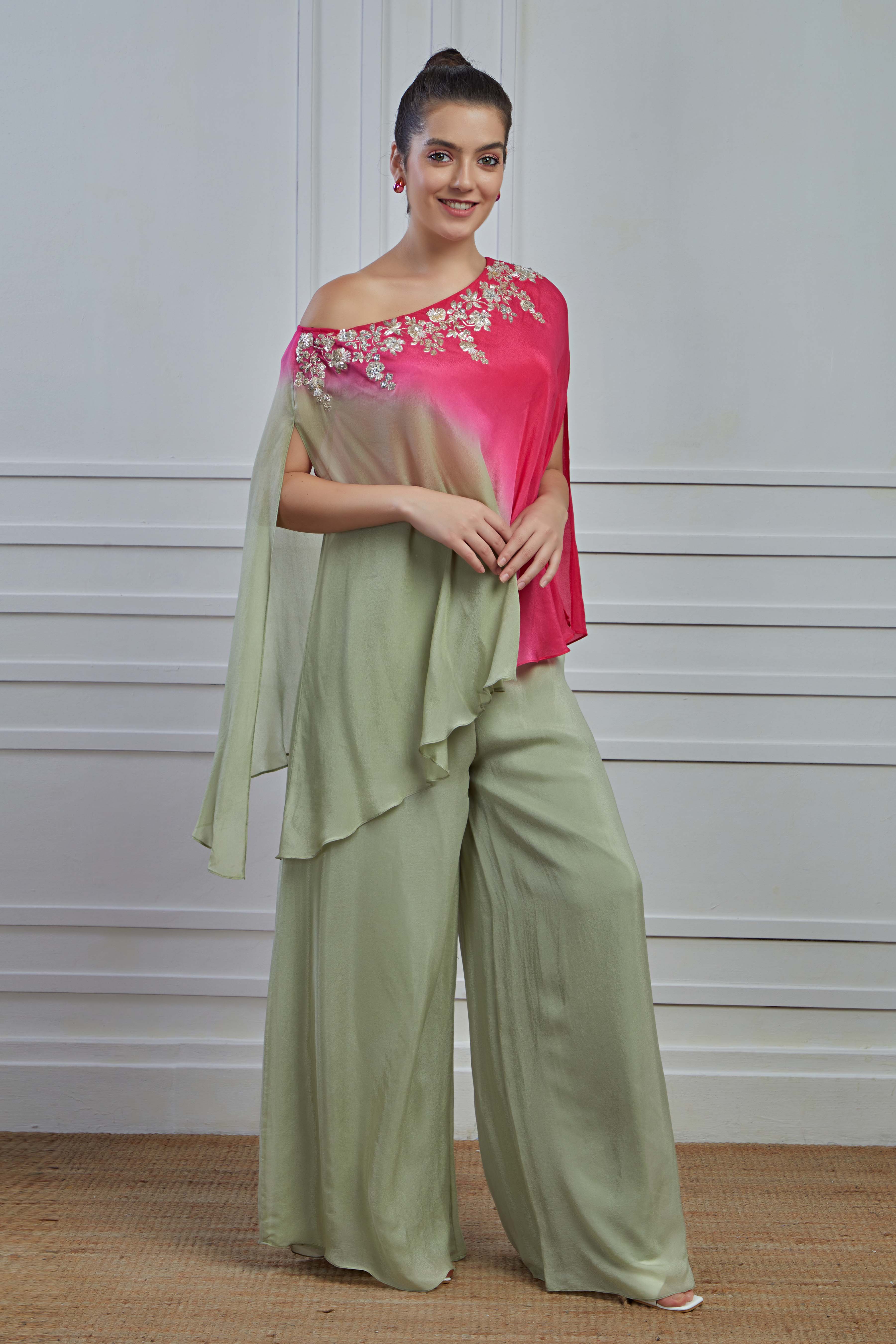 Sage Green Embellished Crepe Silk Tunic Palazzo Set