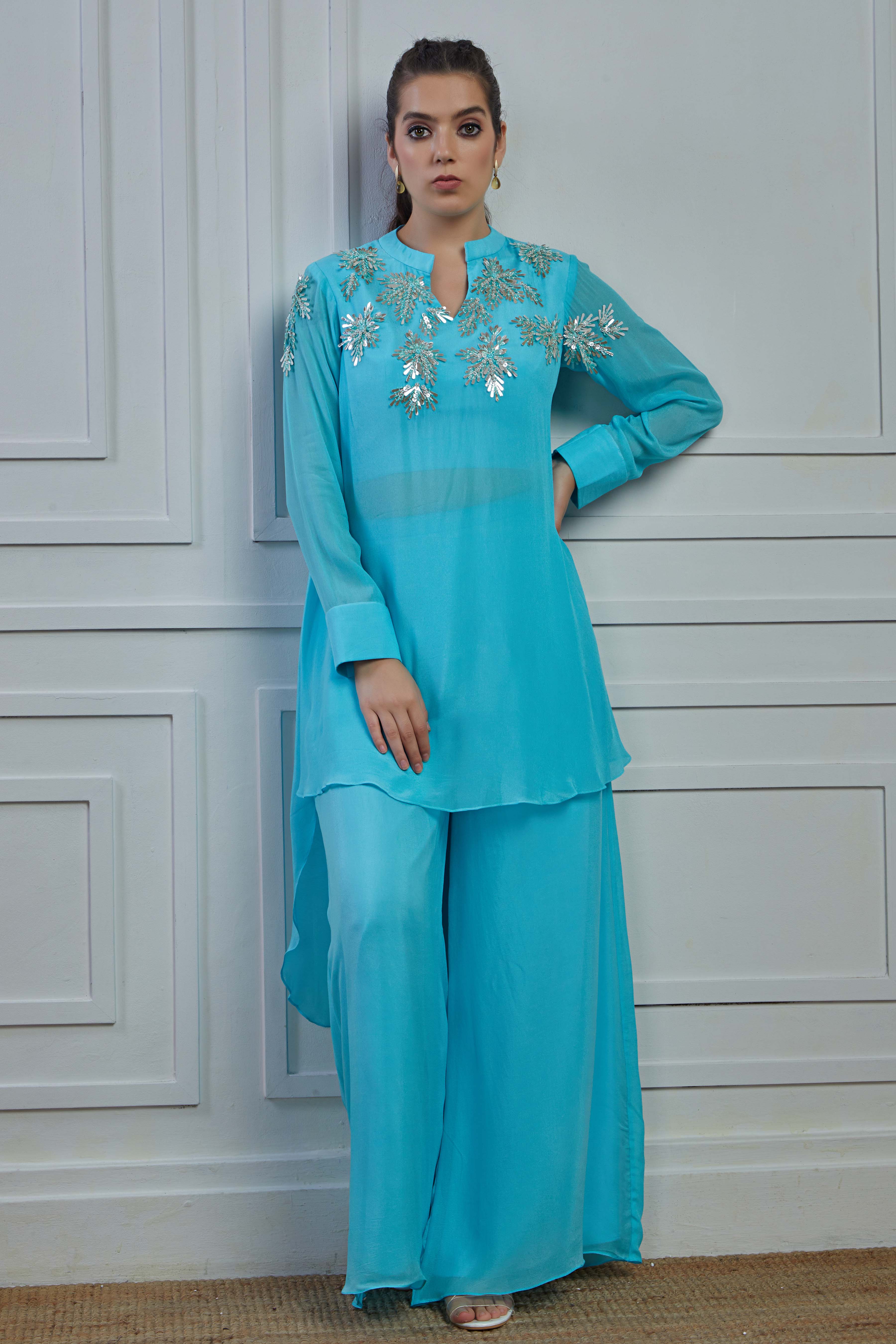 Light Blue Embellished Crepe Silk Kurta Palazzo Set