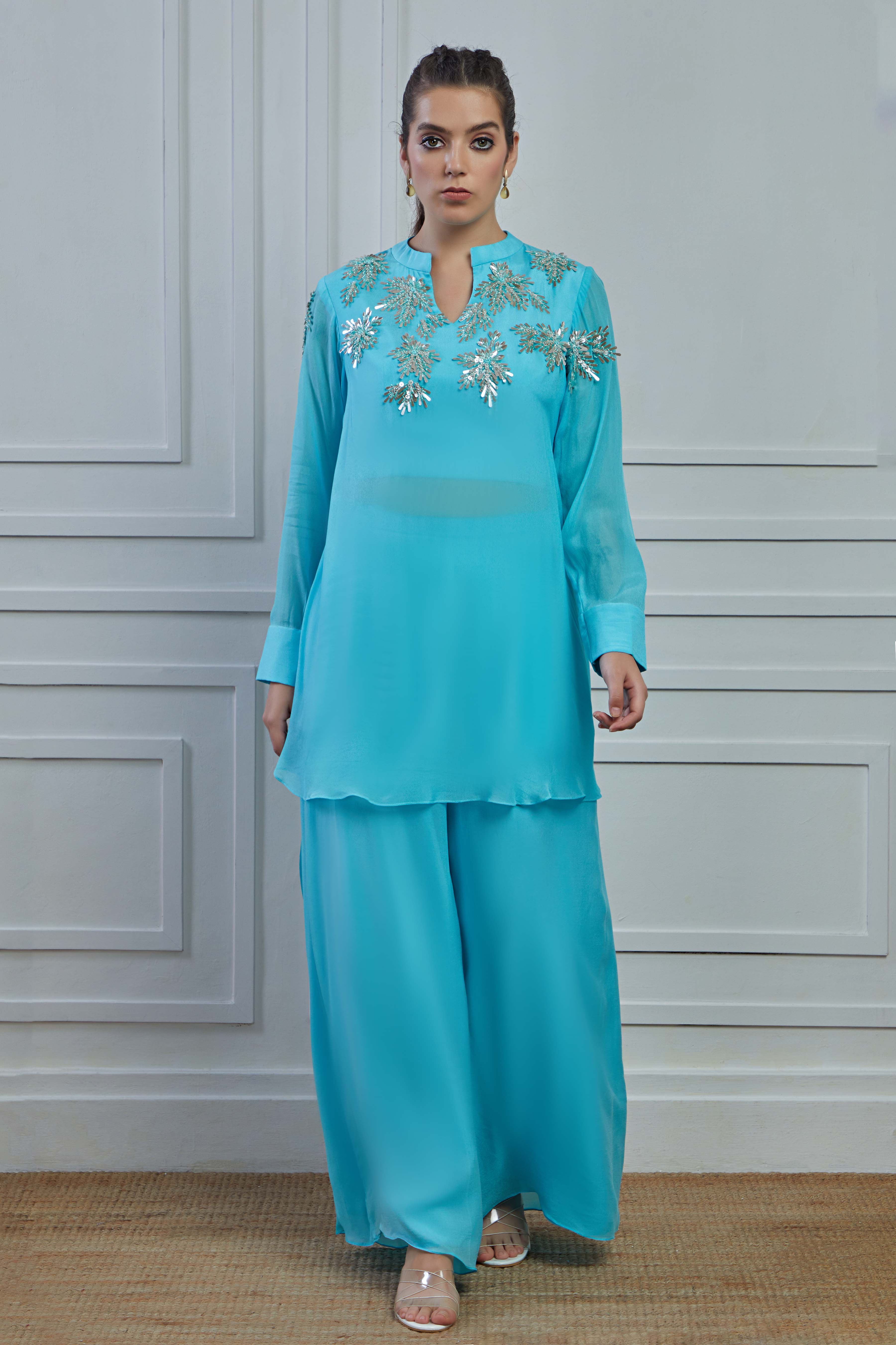 Light Blue Embellished Crepe Silk Kurta Palazzo Set