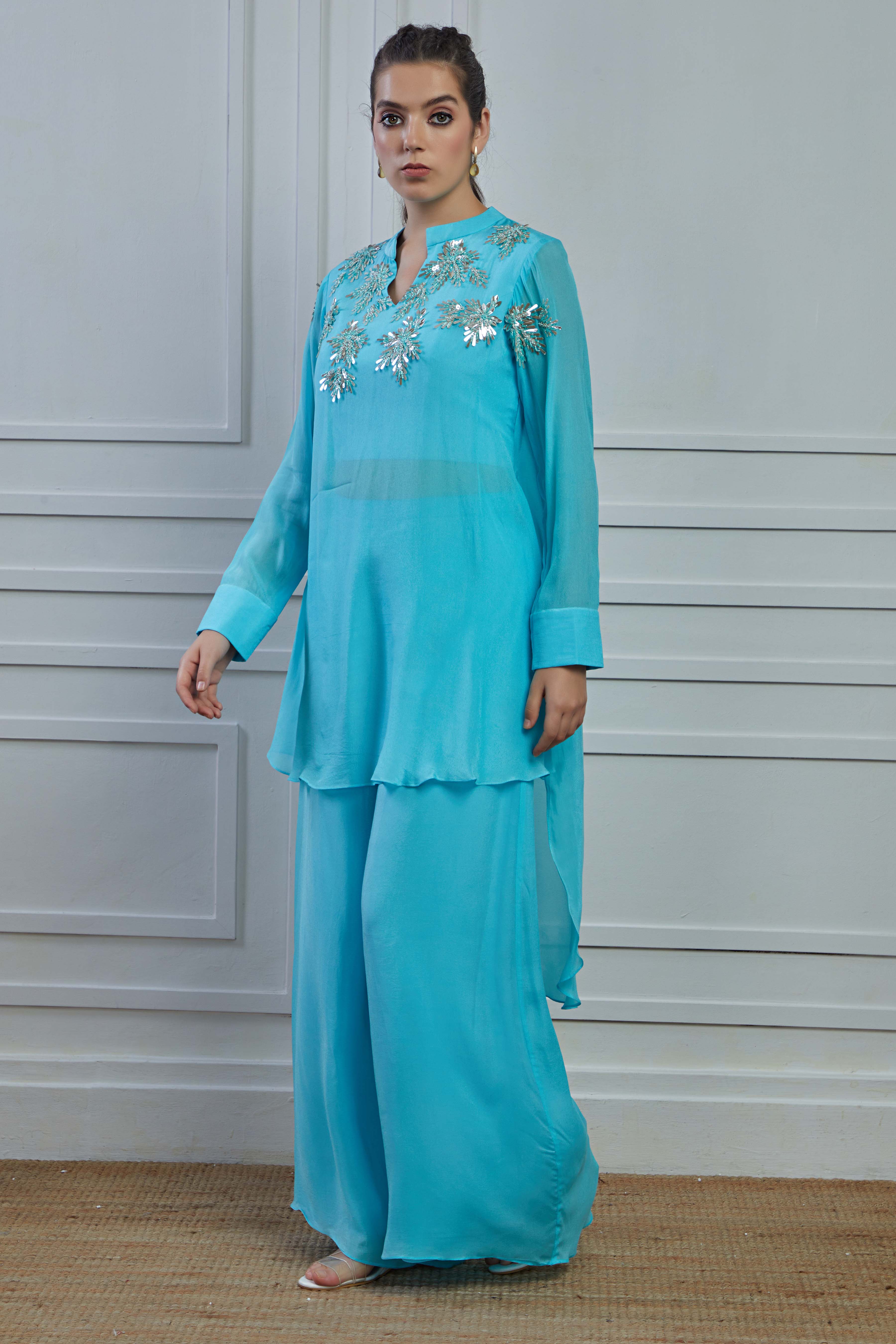 Light Blue Embellished Crepe Silk Kurta Palazzo Set