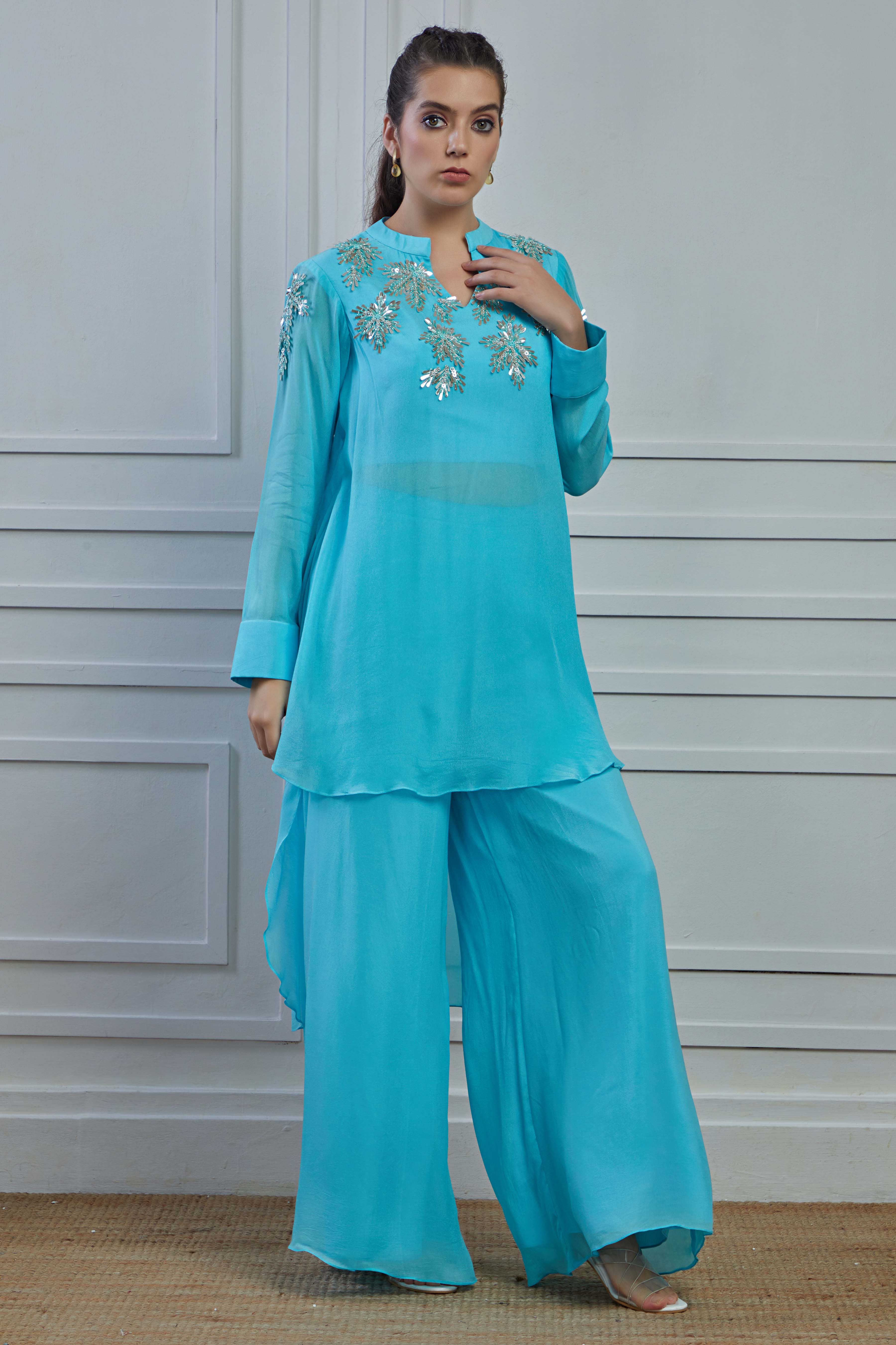 Light Blue Embellished Crepe Silk Kurta Palazzo Set