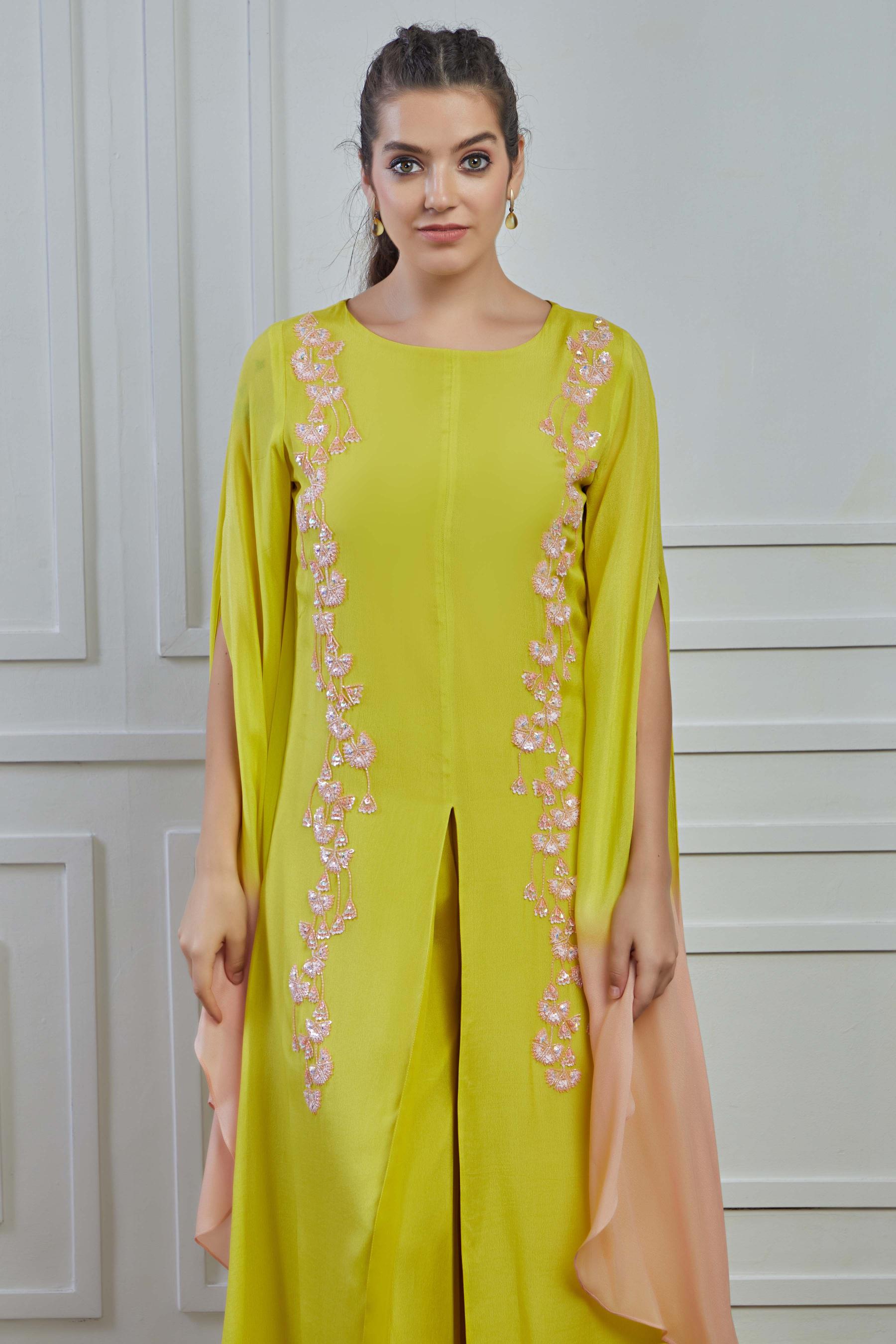 Pear Green Ombre-Dyed Crepe Silk Kaftan Palazzo Set