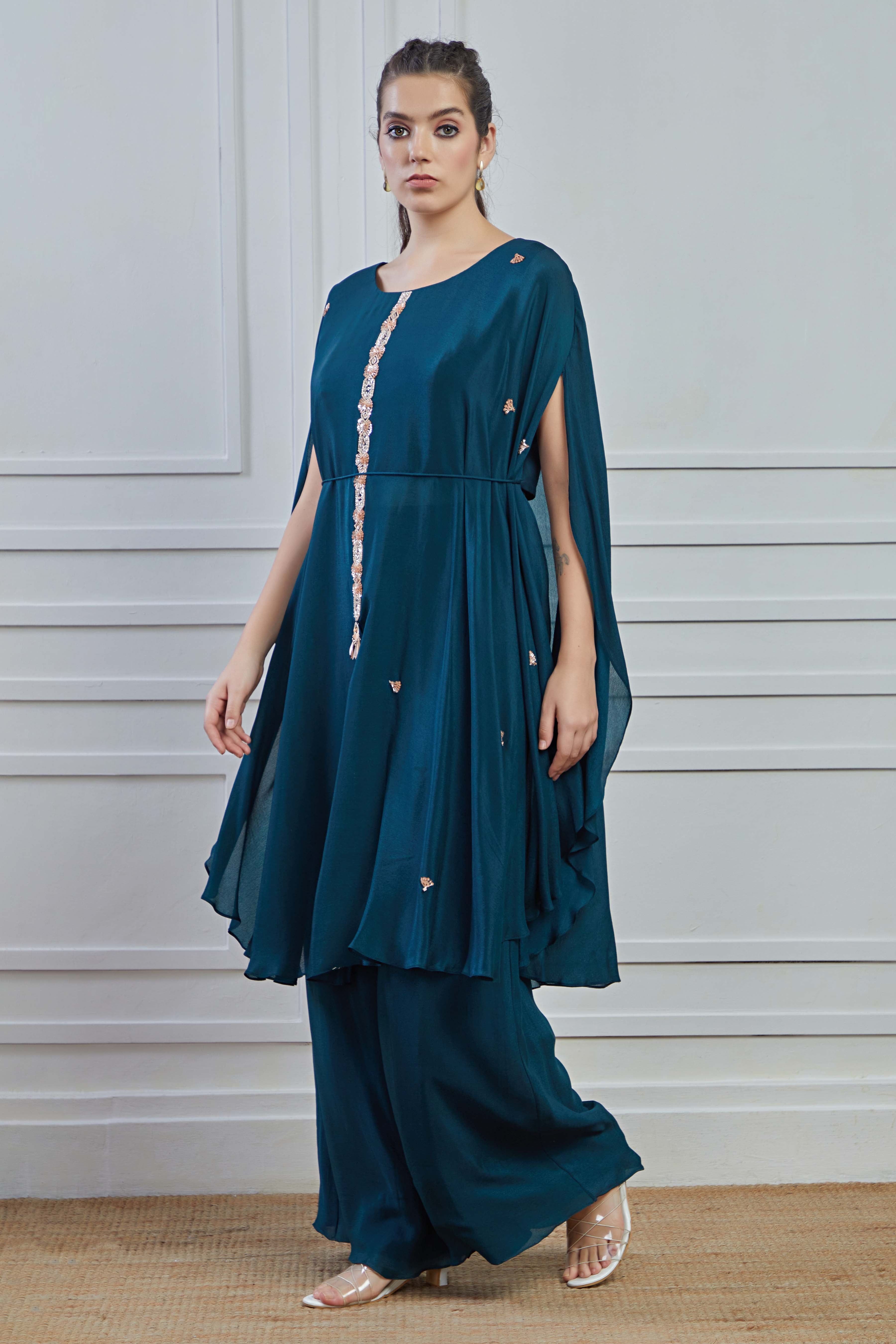 Teal Embellished Crepe Silk Kaftan Palazzo Set