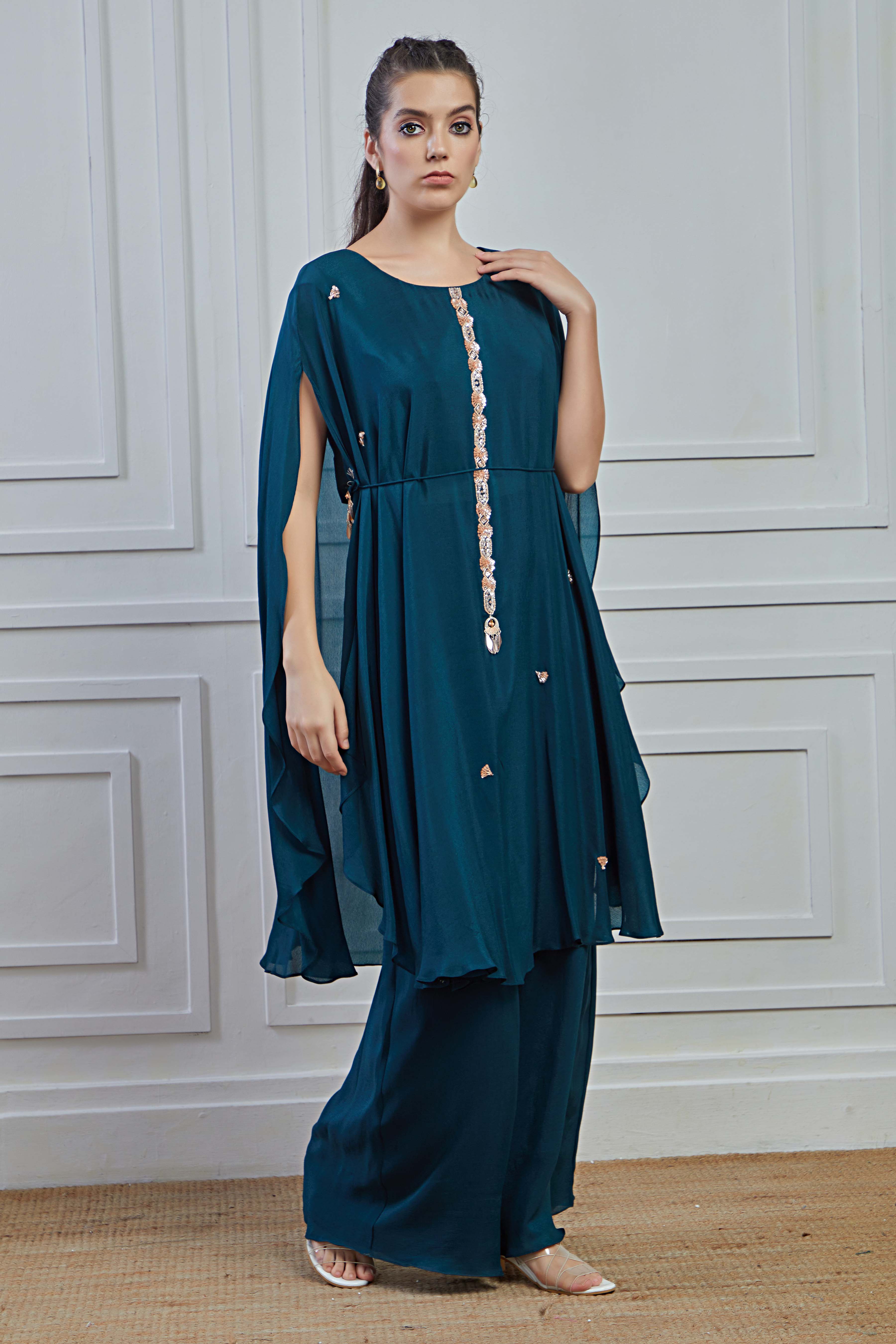 Teal Embellished Crepe Silk Kaftan Palazzo Set