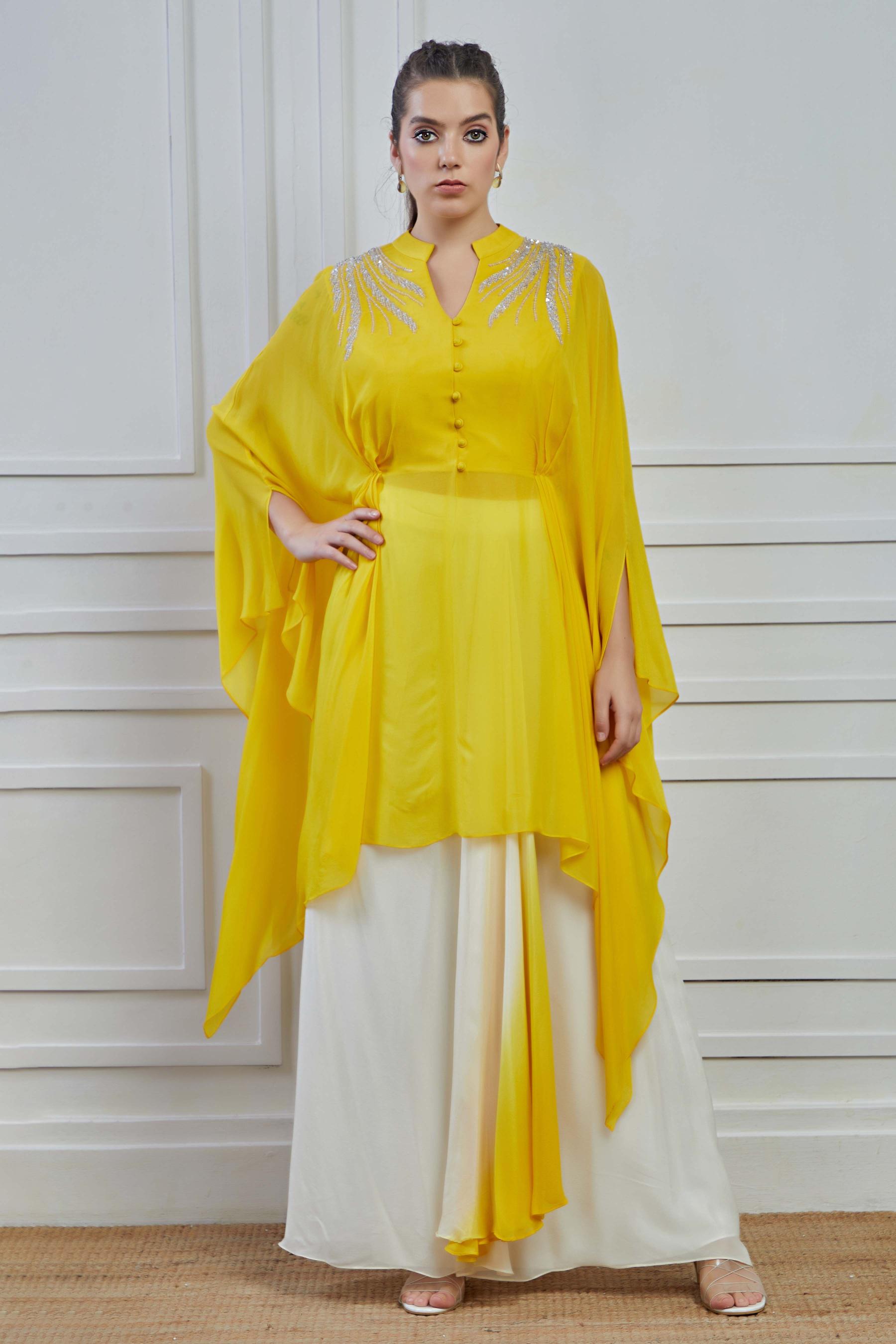 Yellow Embellished Crepe Silk Kurta Skirt Set