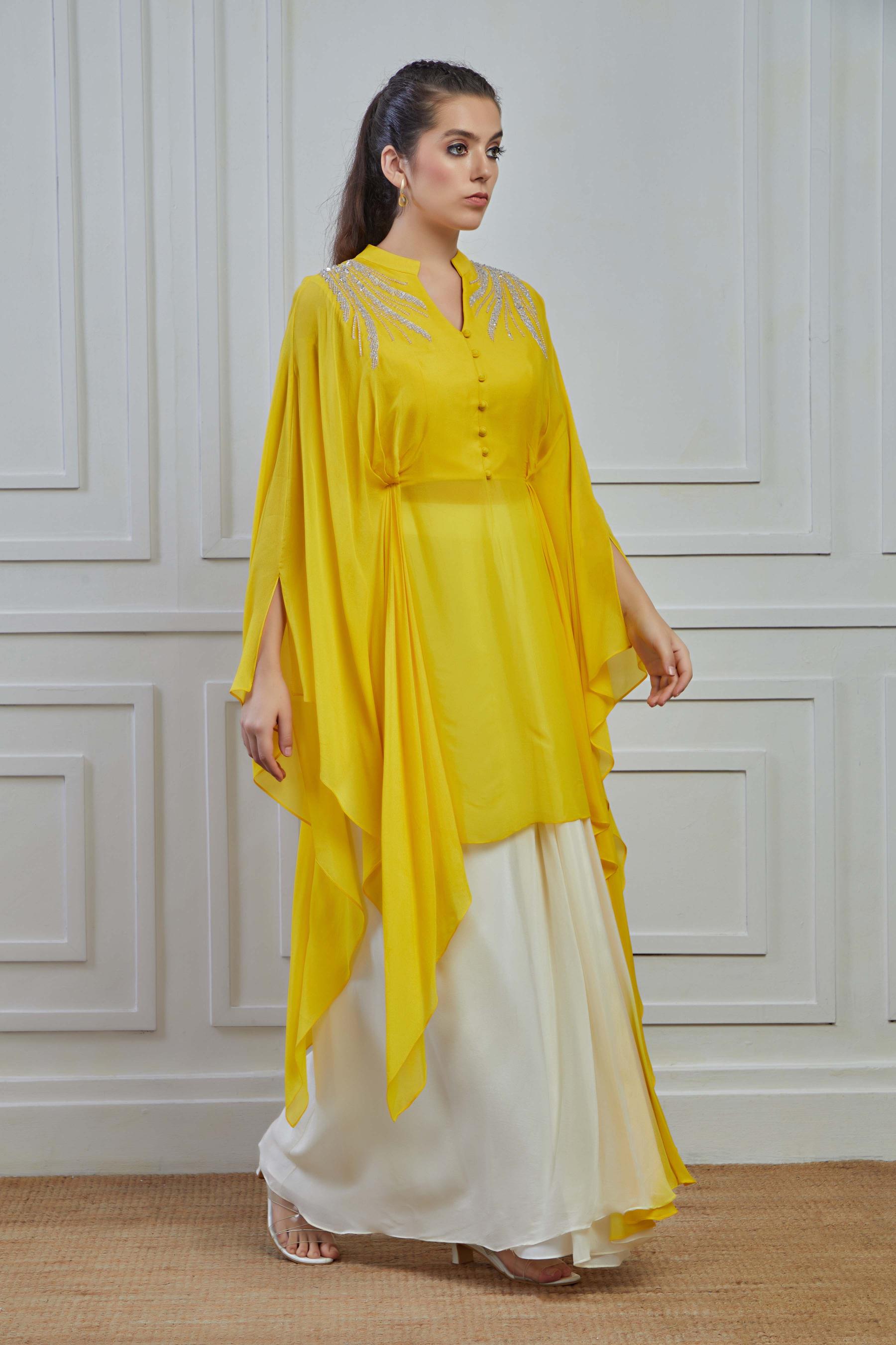 Yellow Embellished Crepe Silk Kurta Skirt Set