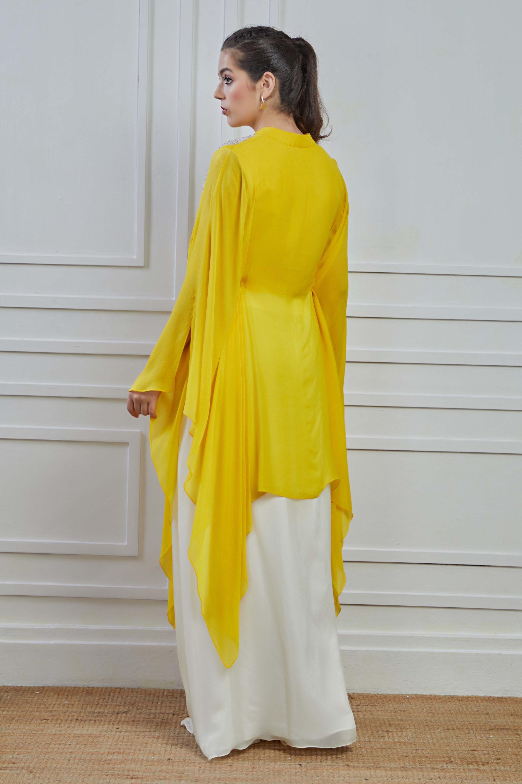 Yellow Embellished Crepe Silk Kurta Skirt Set