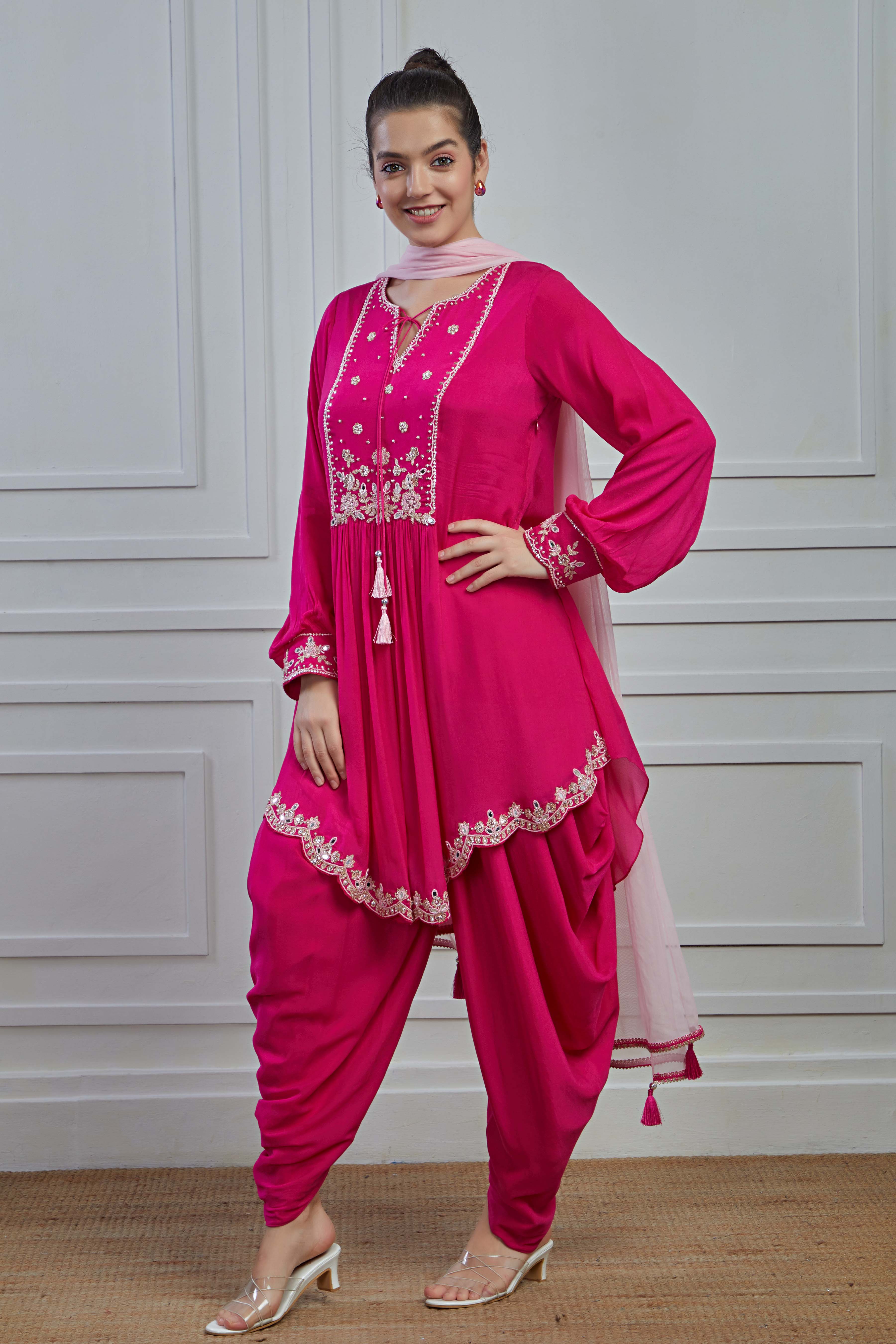 Pink Embroidered Crepe Silk Dhoti Set