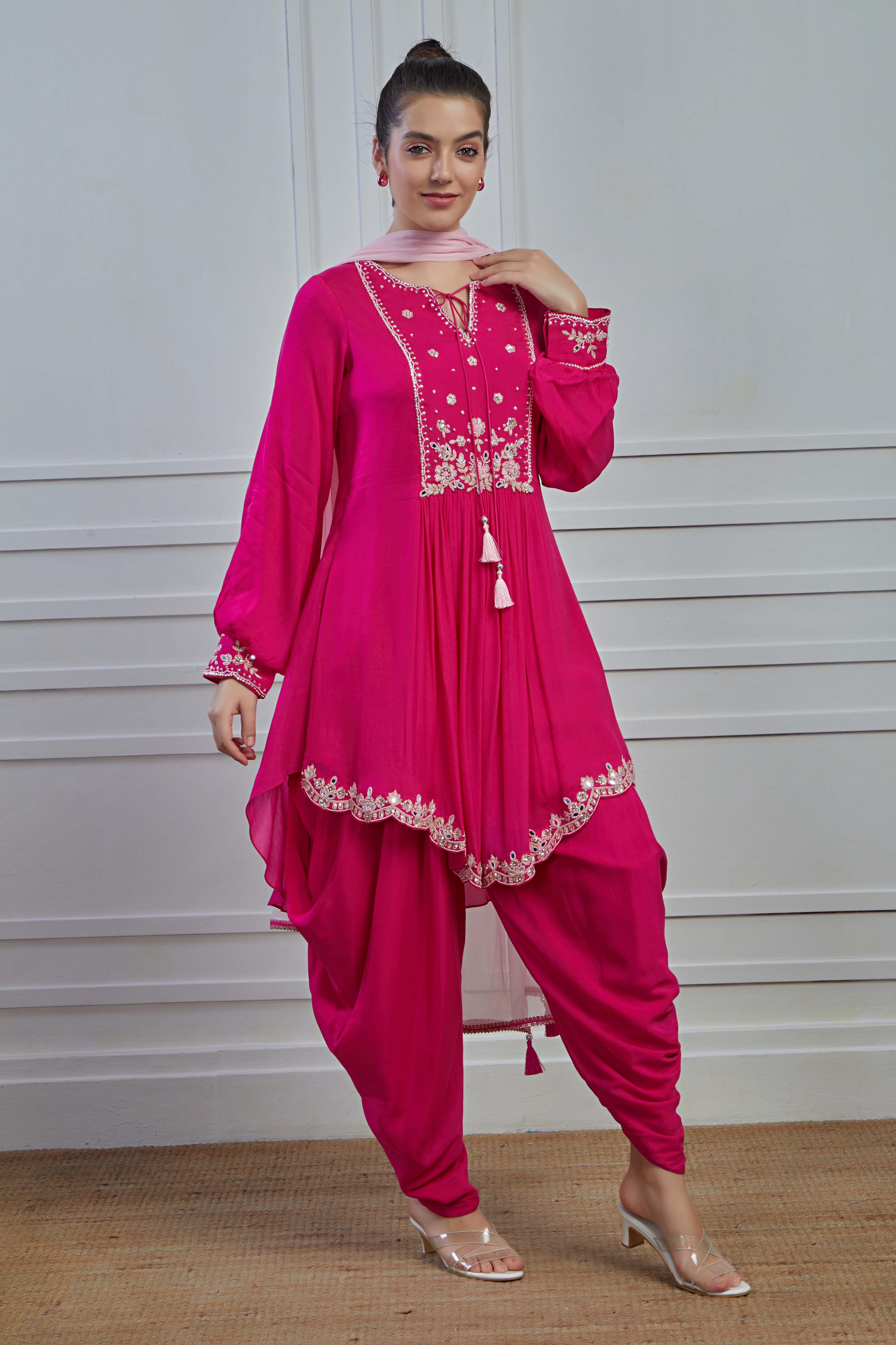 Pink Embroidered Crepe Silk Dhoti Set