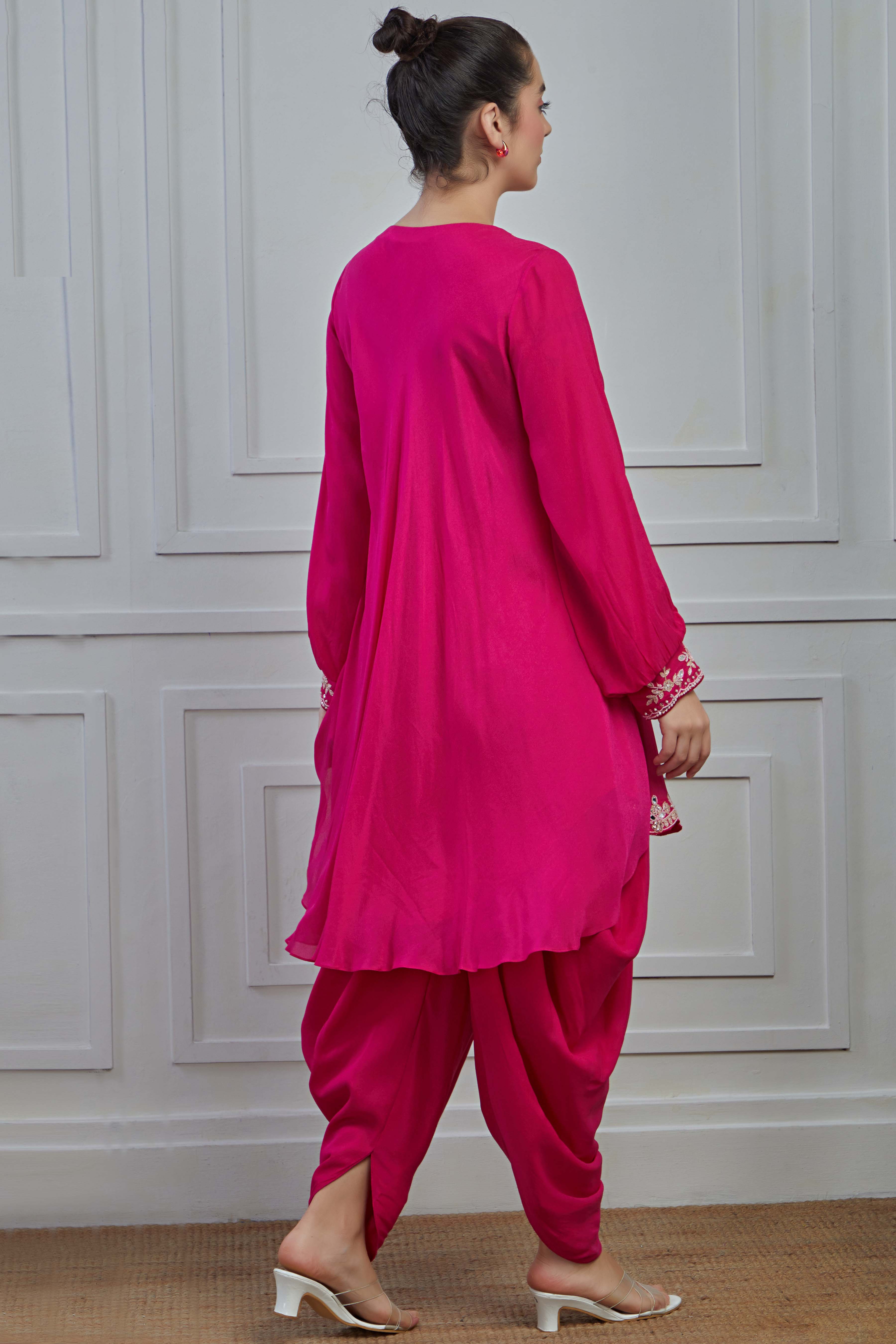 Pink Embroidered Crepe Silk Dhoti Set