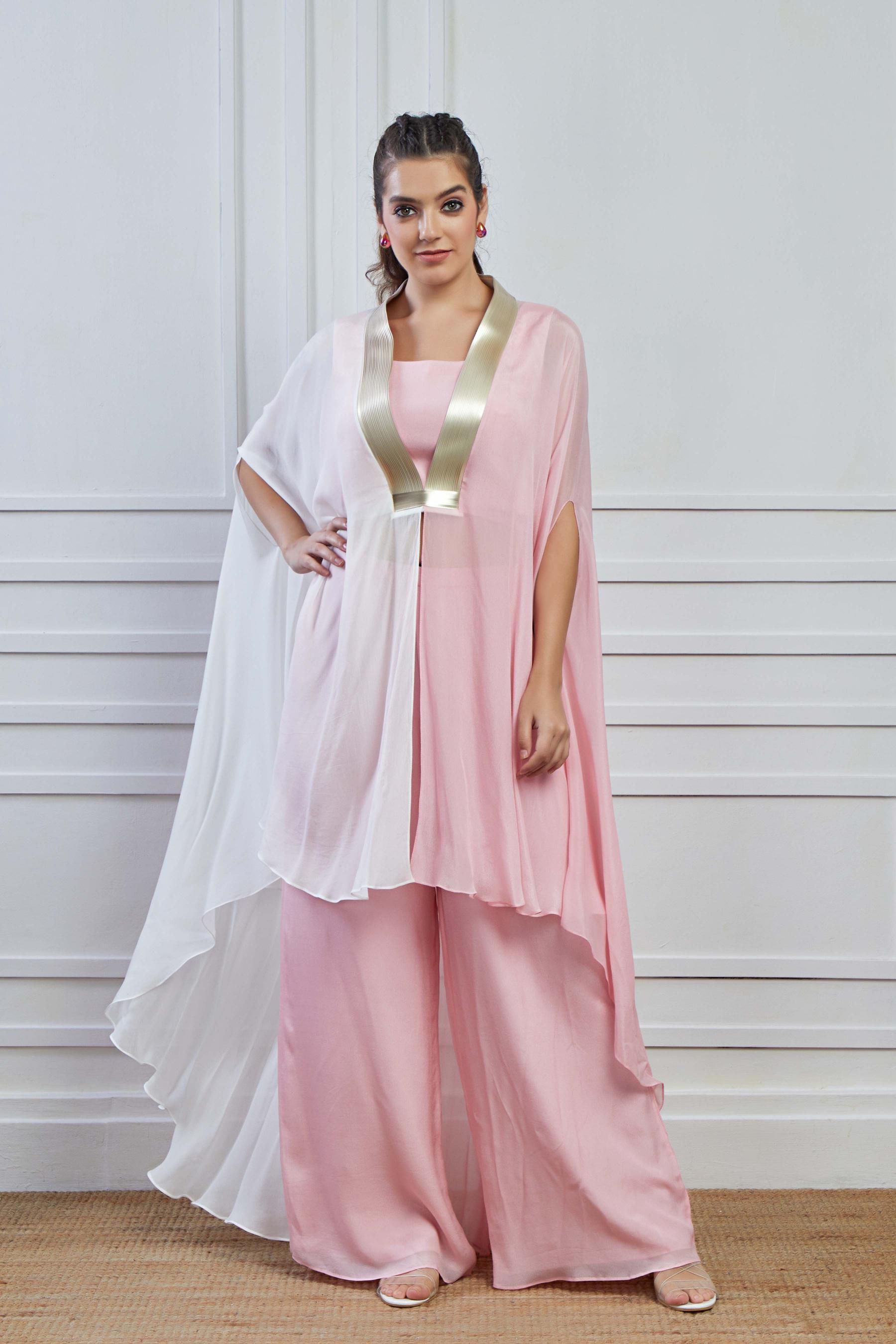 Soft Pink Ombre-Dyed Crepe Silk Kaftan Palazzo Set