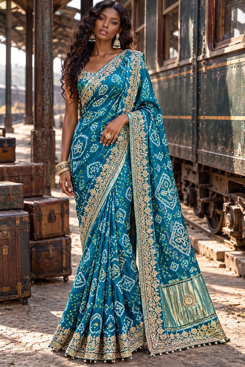 Teal Peacock Motif Embroidered Bandhej Saree