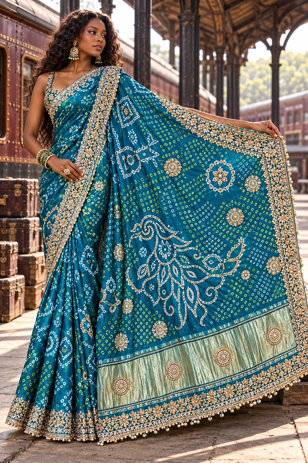 Teal Peacock Motif Embroidered Bandhej Saree