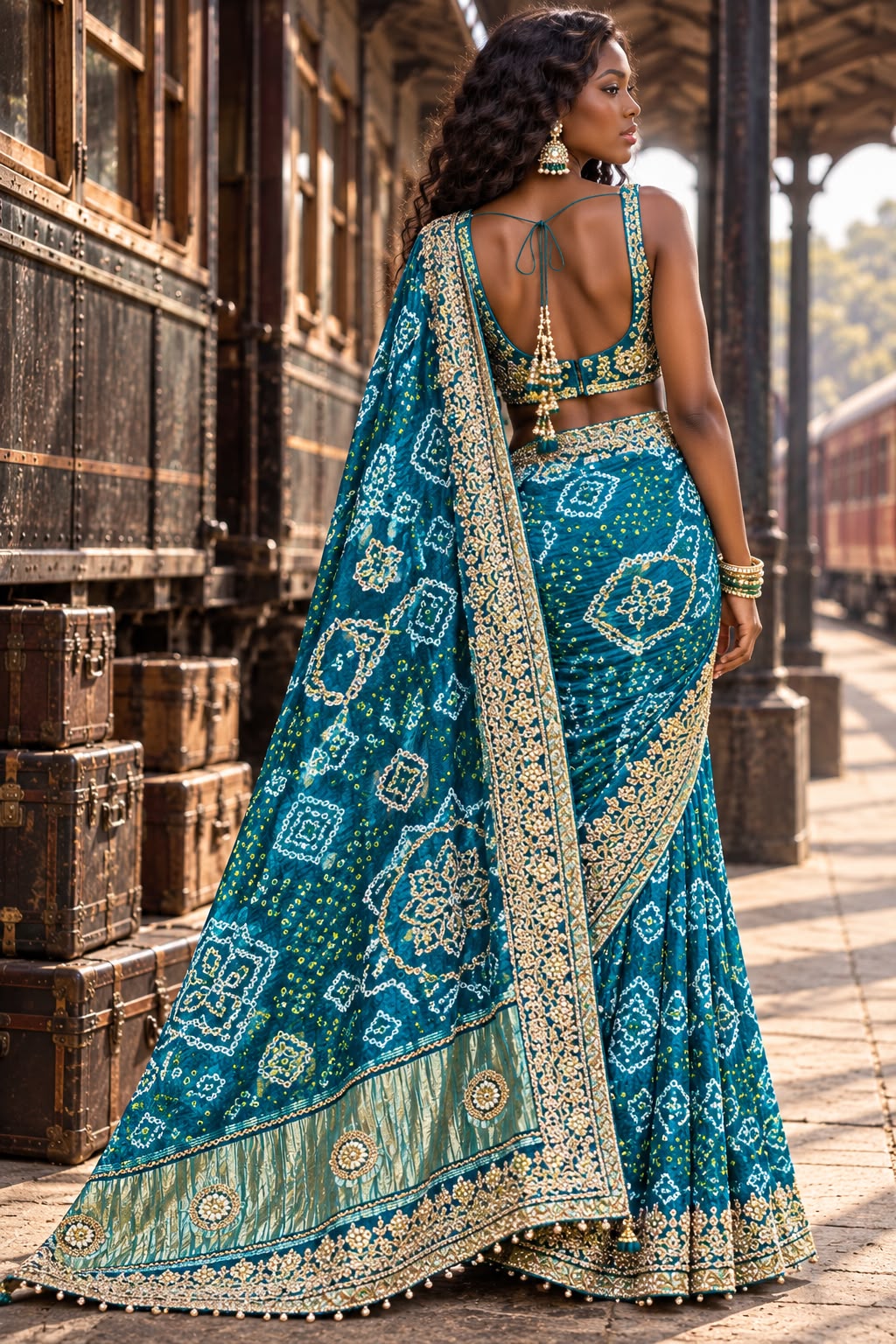 Teal Peacock Motif Embroidered Bandhej Saree