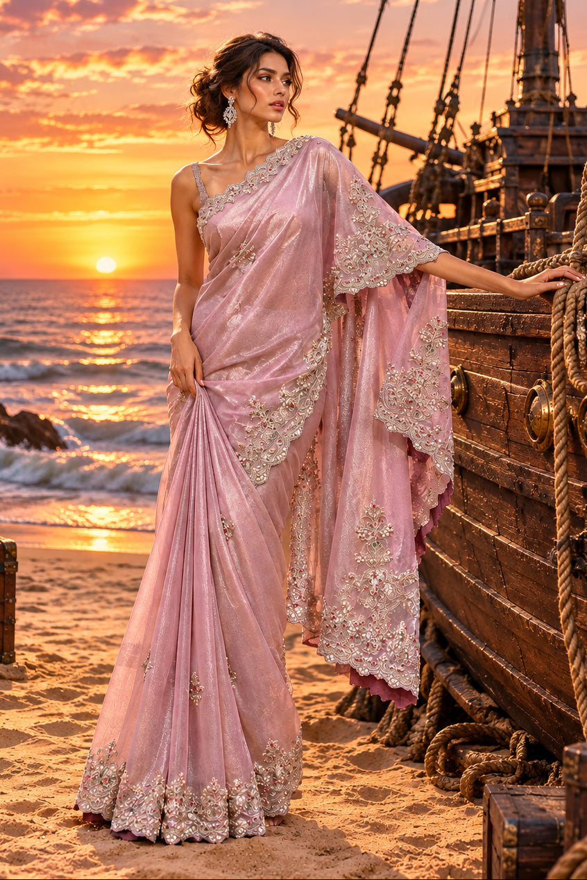 Dusky Rose Embellished Tissue Silk Saree