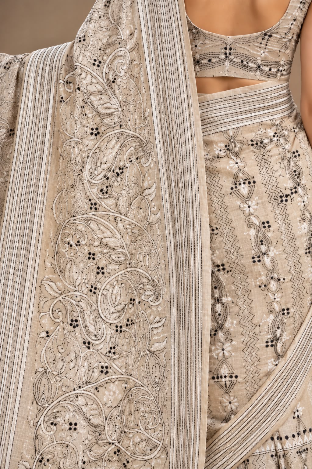 Ivory Bengal Kantha Embroidered Tussar Silk Saree