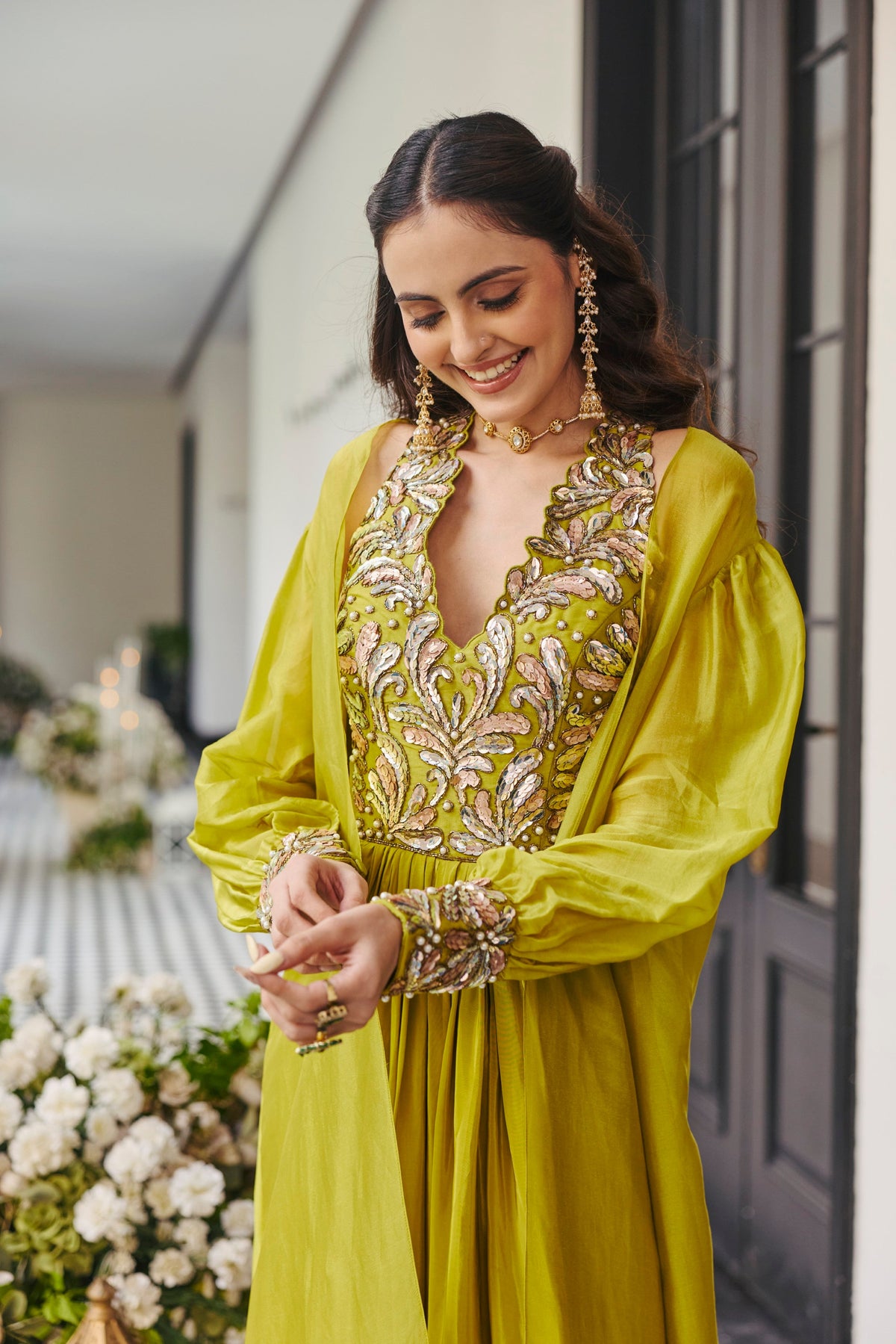 Lime Green Embellished Crepe Satin Silk Cape Set