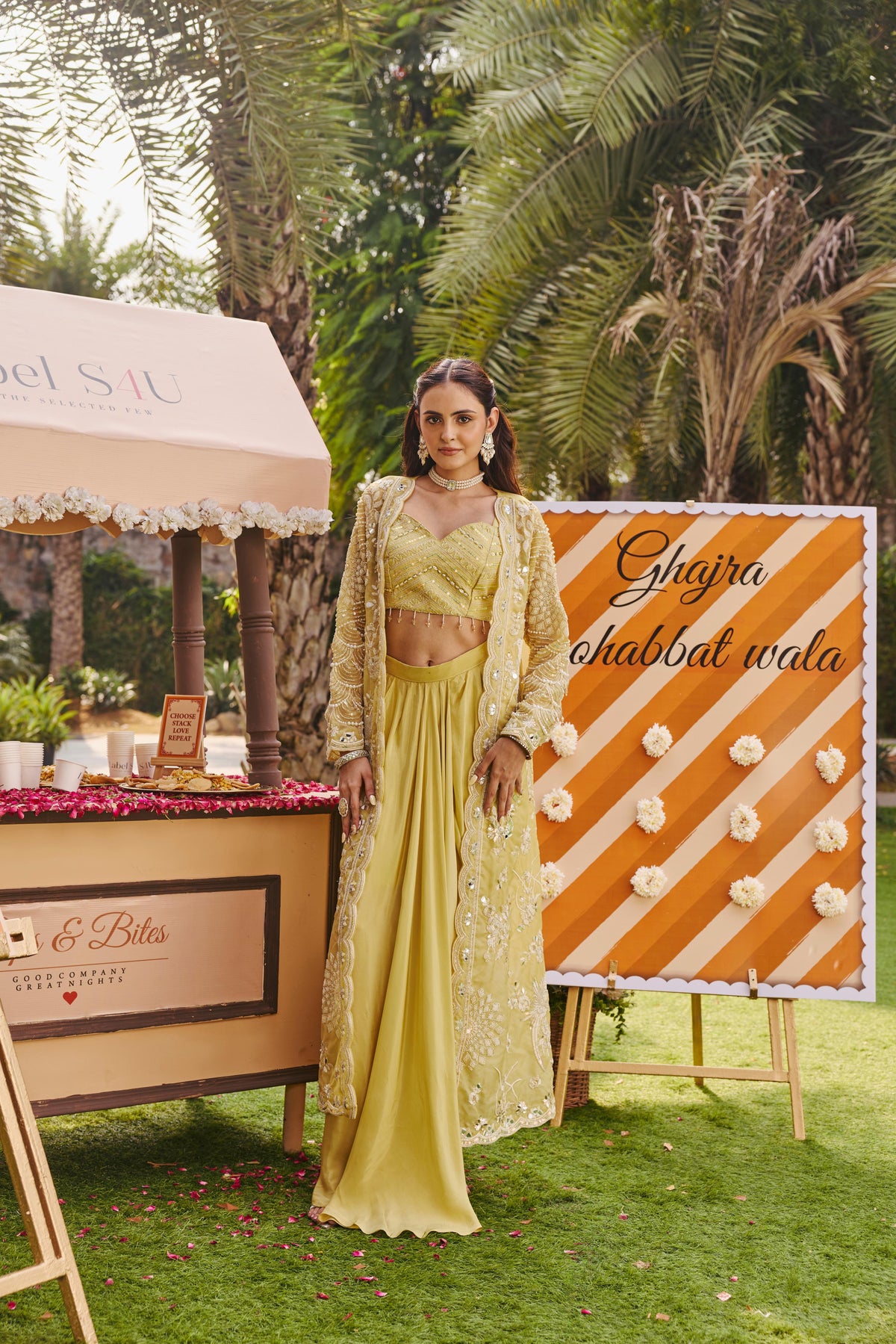 Lime Green Embellished Organza Cape Set