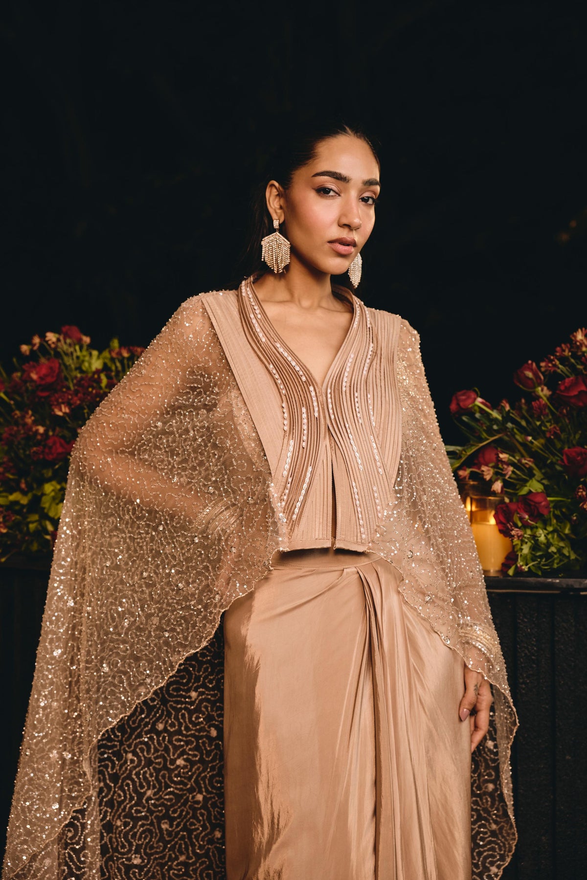 Soft Blush-Beige Embellished Premium Net Kaftan Set
