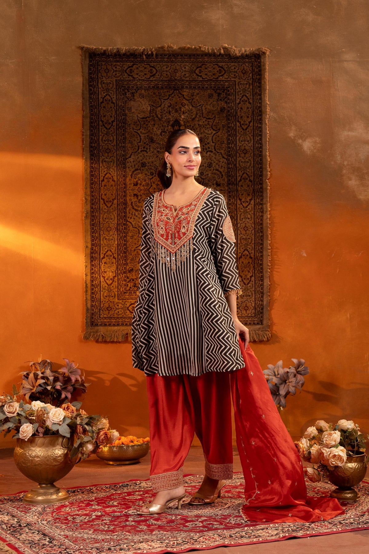 Chocolate Brown Embellished Georgette Silk Pant Set