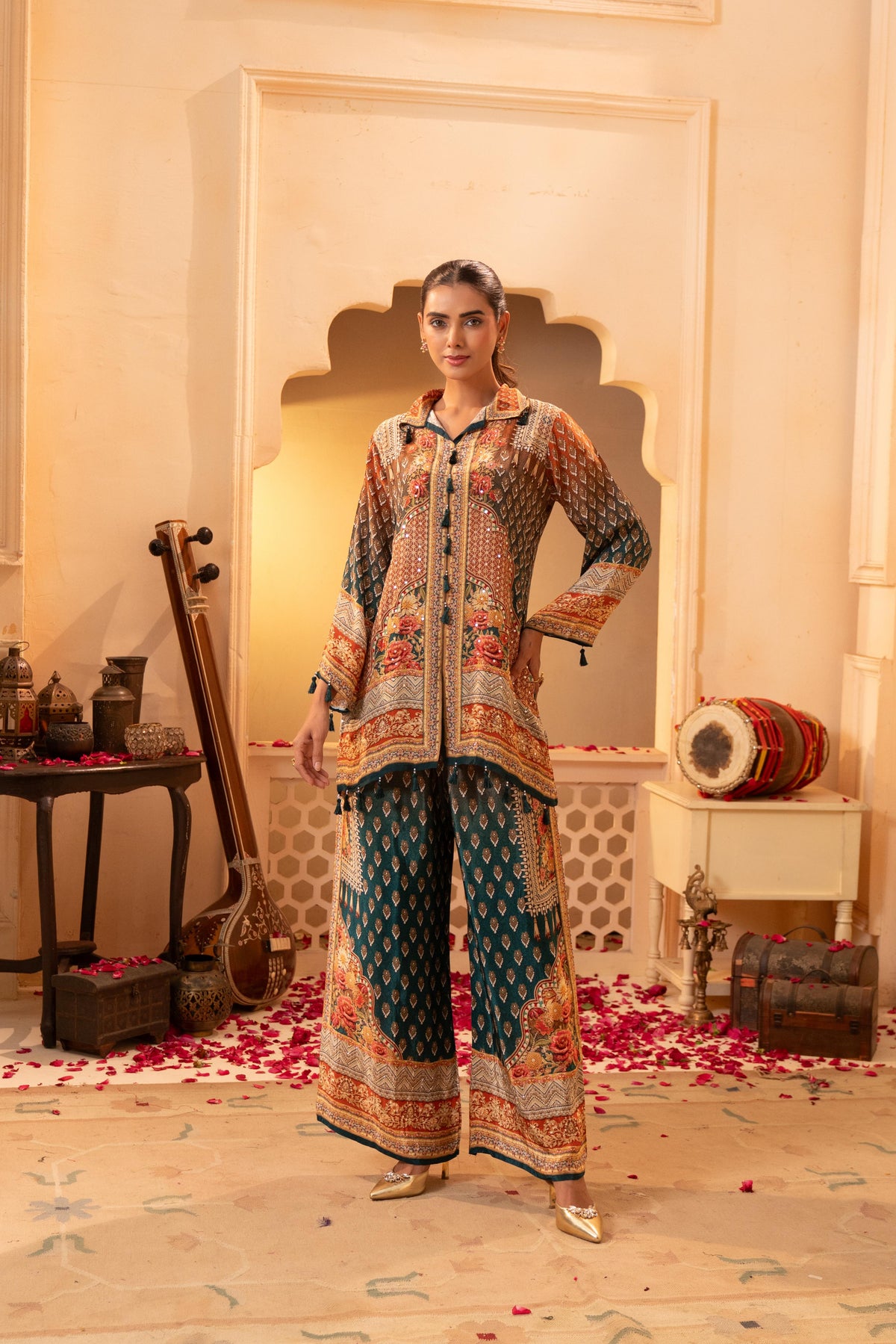 Multi Teal Yellow Embellished Crepe Silk Co-Ord Set