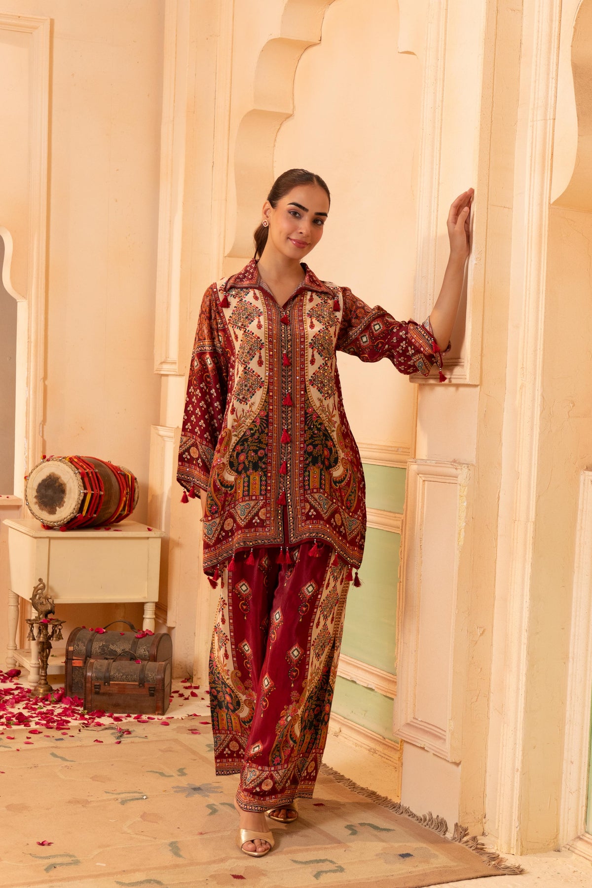 Deep Maroon Embellished Crepe Silk Co-Ord Set