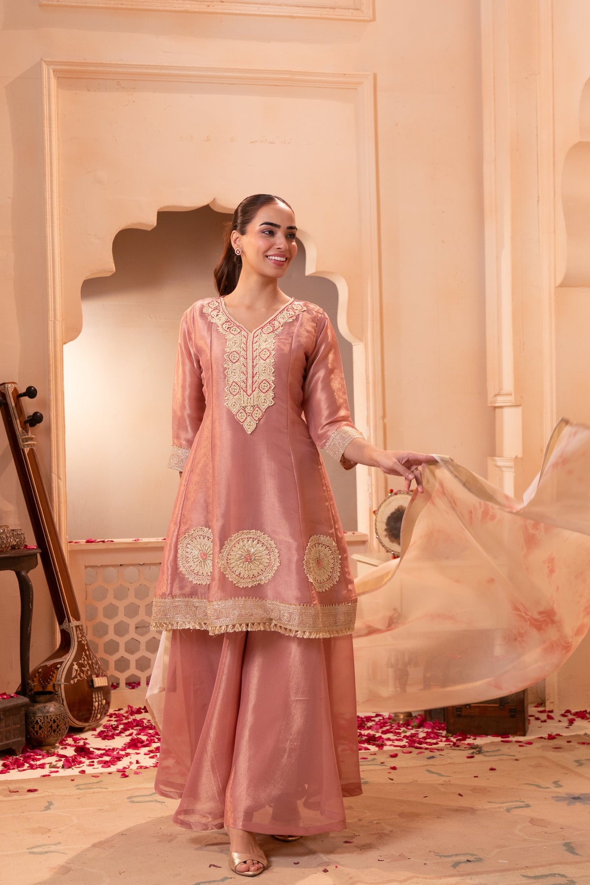 Blush Pink Embellished Shimmer Silk Palazzo Set