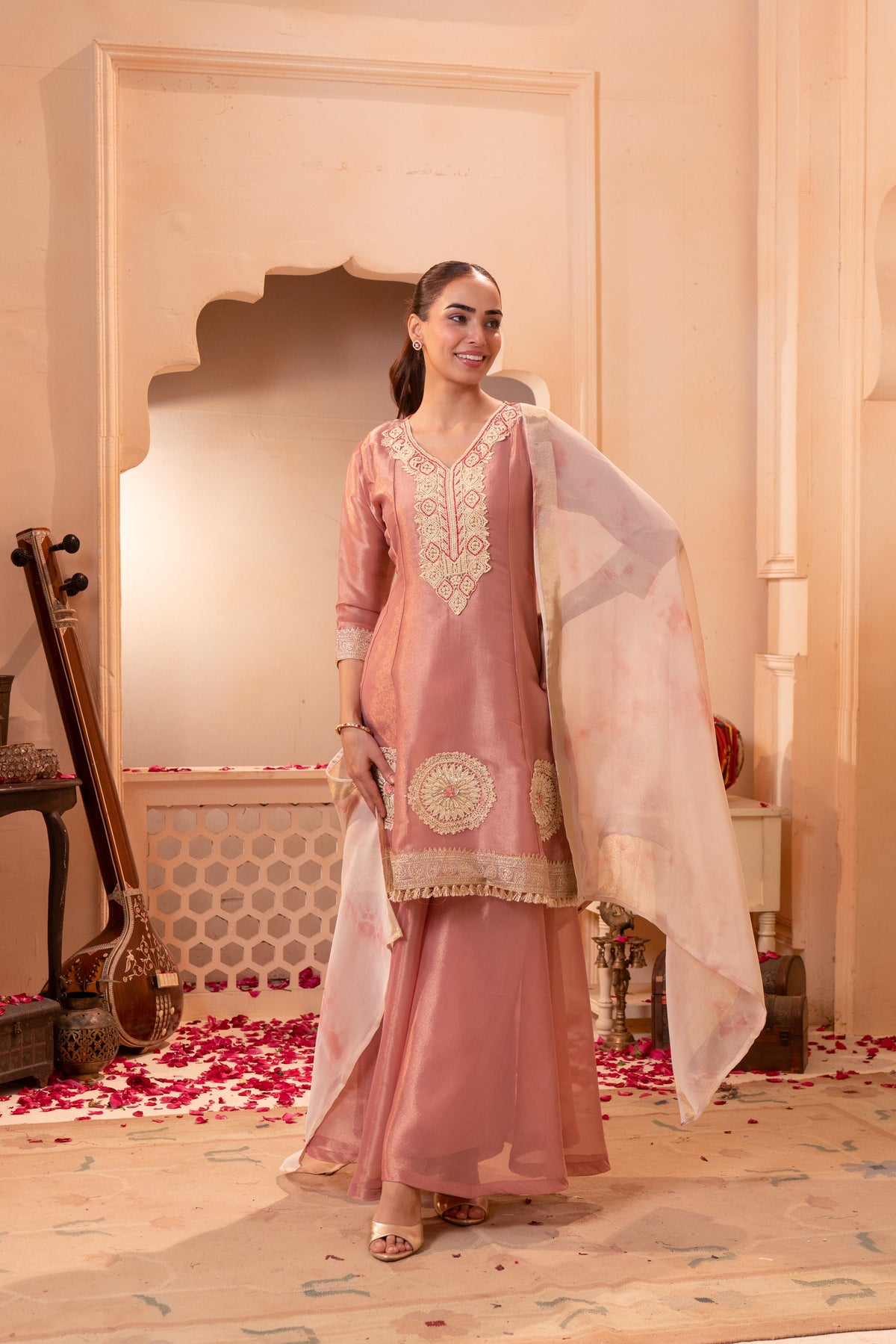 Blush Pink Embellished Shimmer Silk Palazzo Set