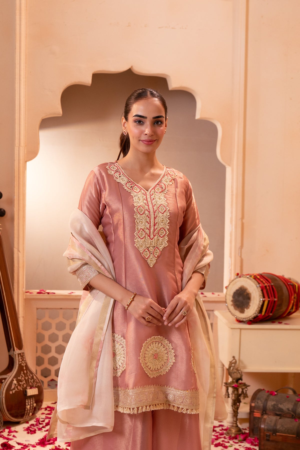 Blush Pink Embellished Shimmer Silk Palazzo Set