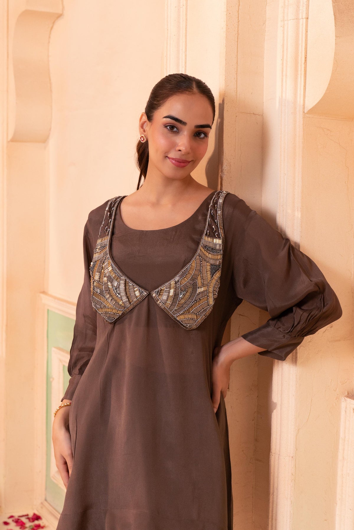 Chocolate Brown Embellished Chinon Silk Palazzo Set