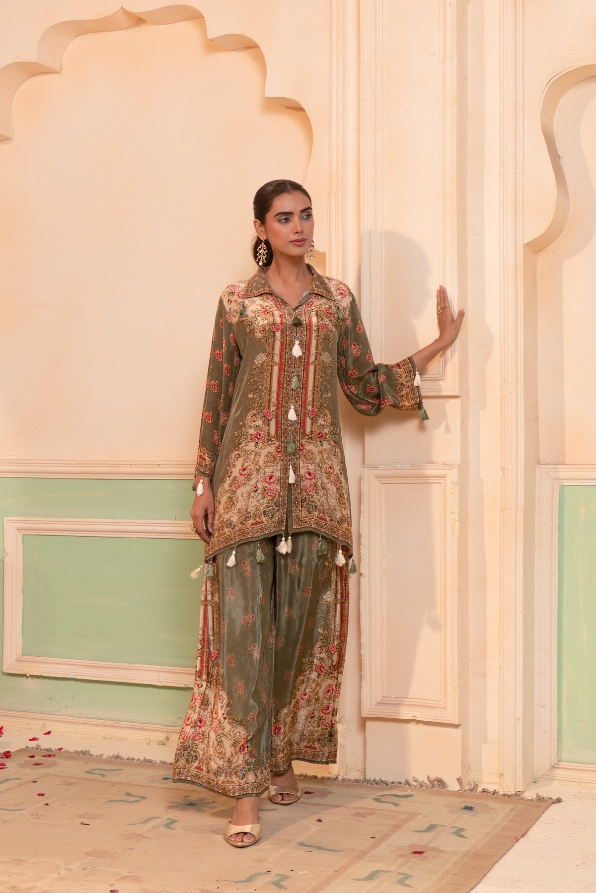 Moss Green Embellished Crepe Silk Co-Ord Set