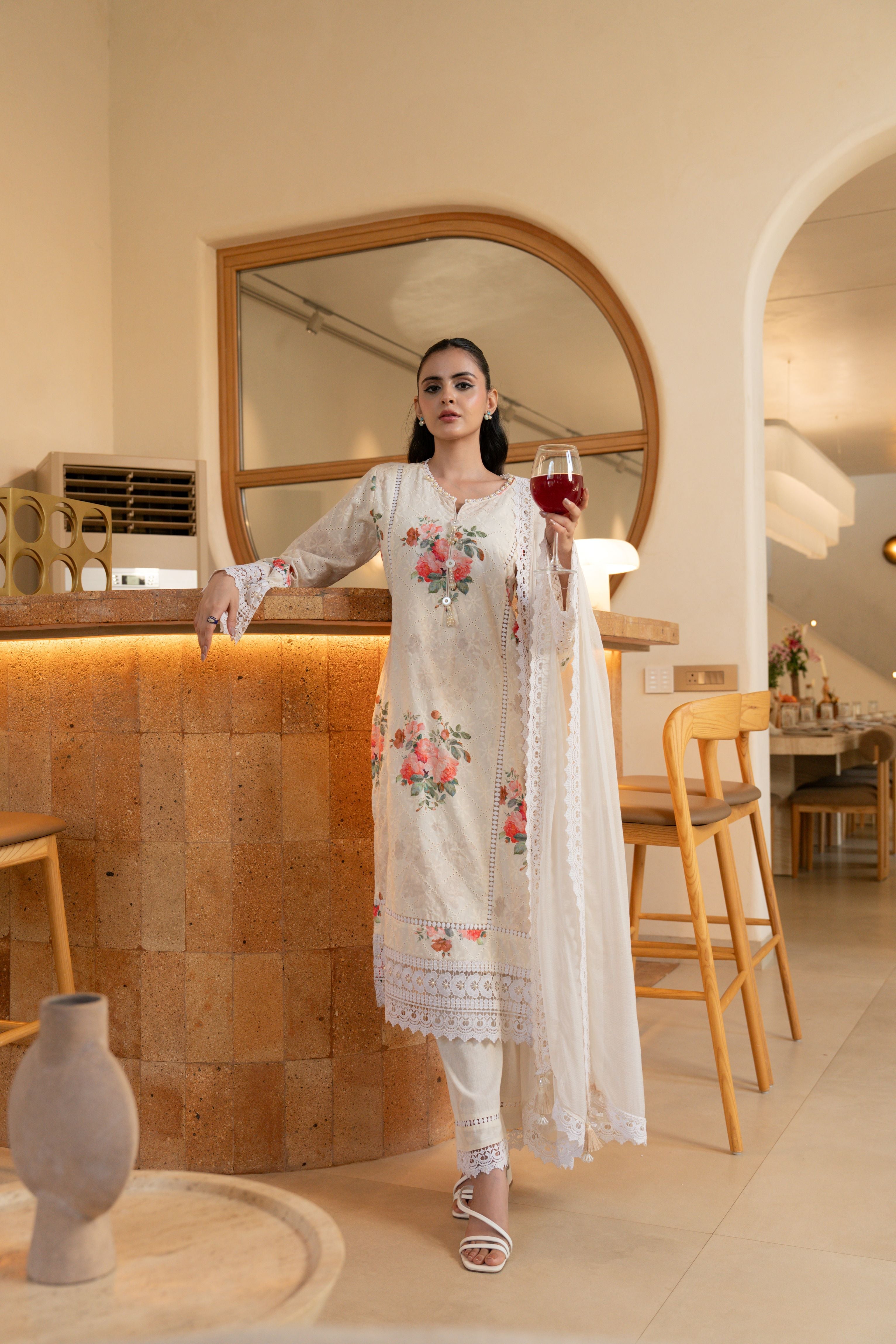 Ivory Rose Embellished Cotton Pant Set