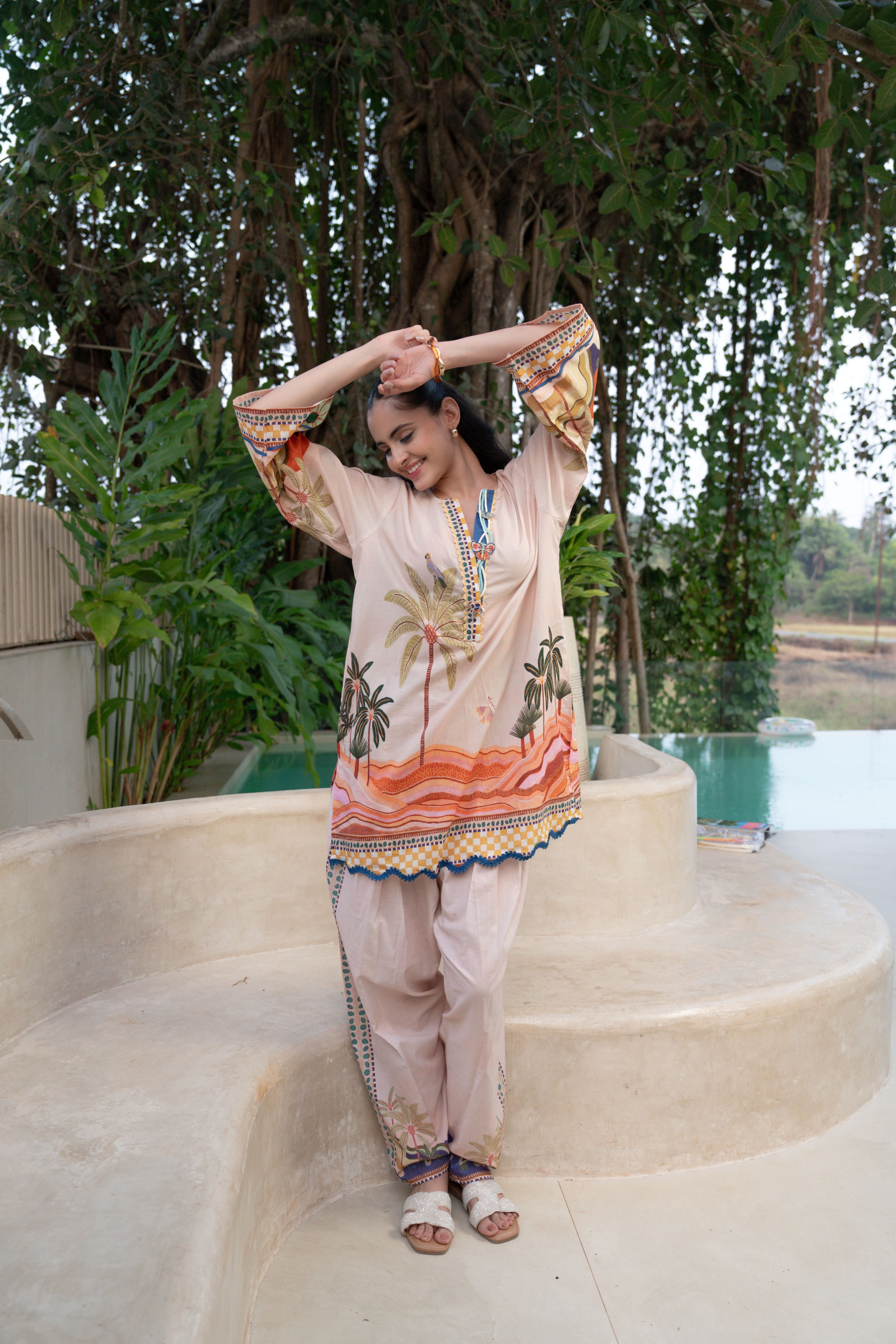 Dessert Beige Printed Cotton Co-Ord Set