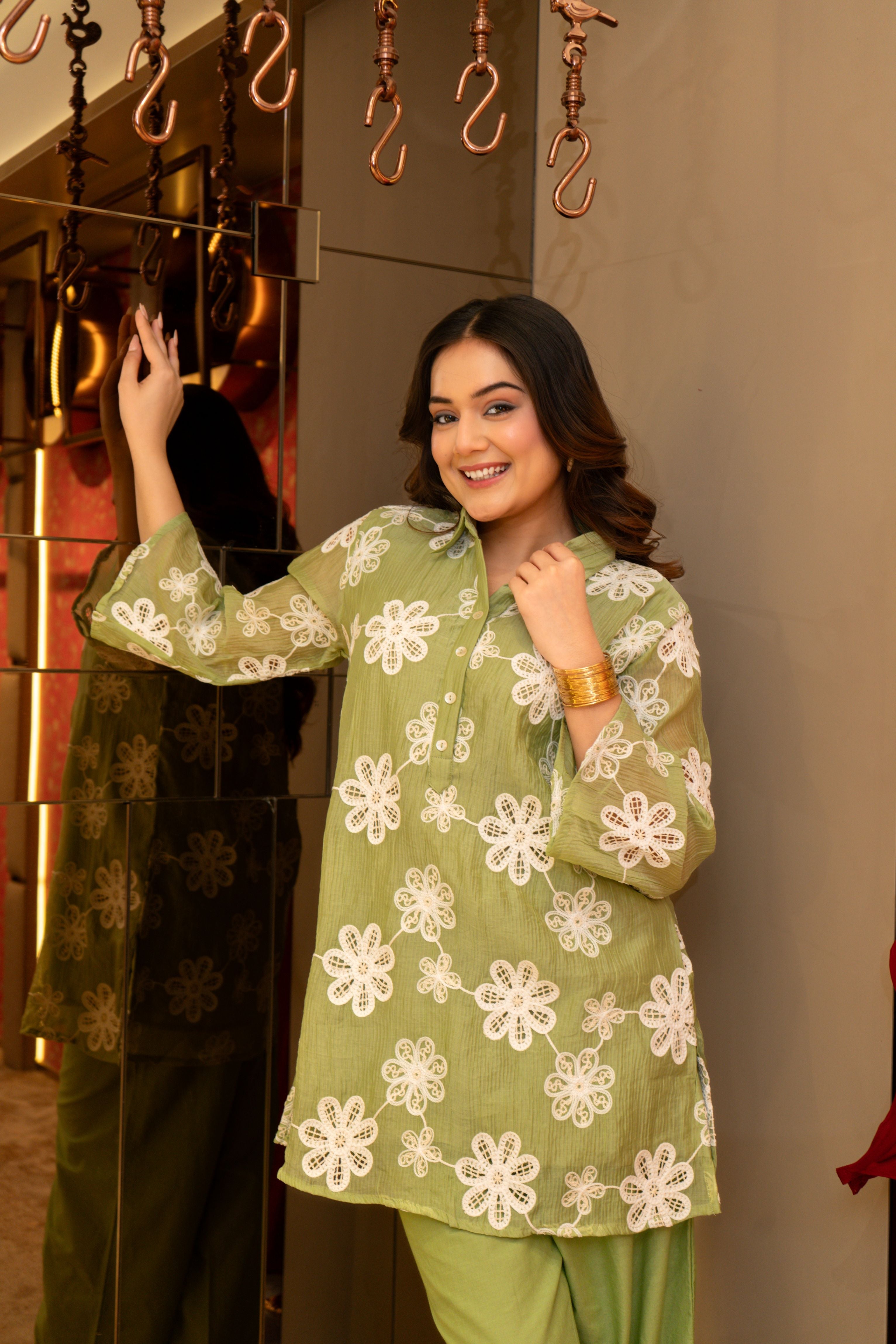 Flora Green Embroidered Soft Organza Co-Ord Set