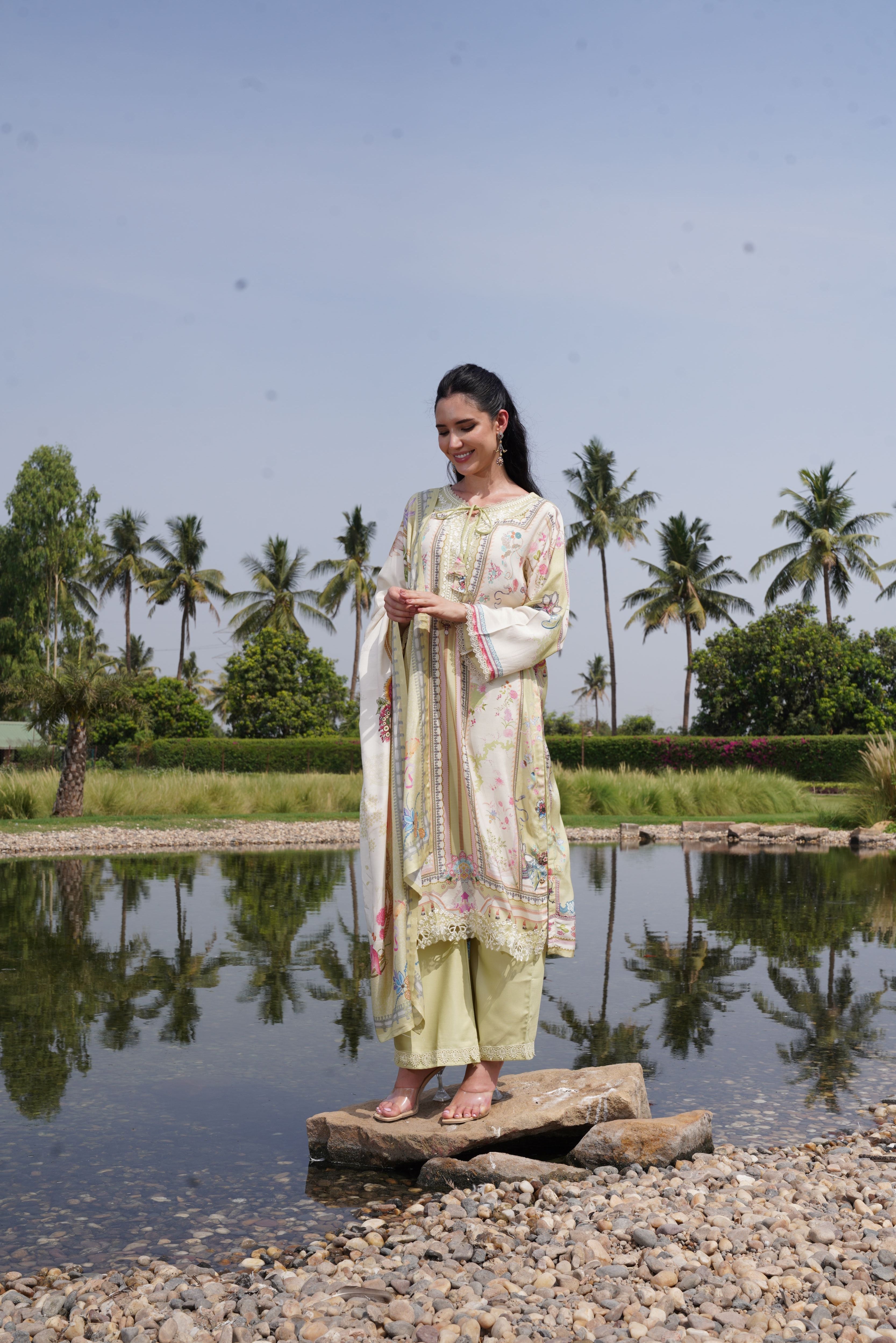 Pistachio Meadow Printed Crepe Silk Kurta Set