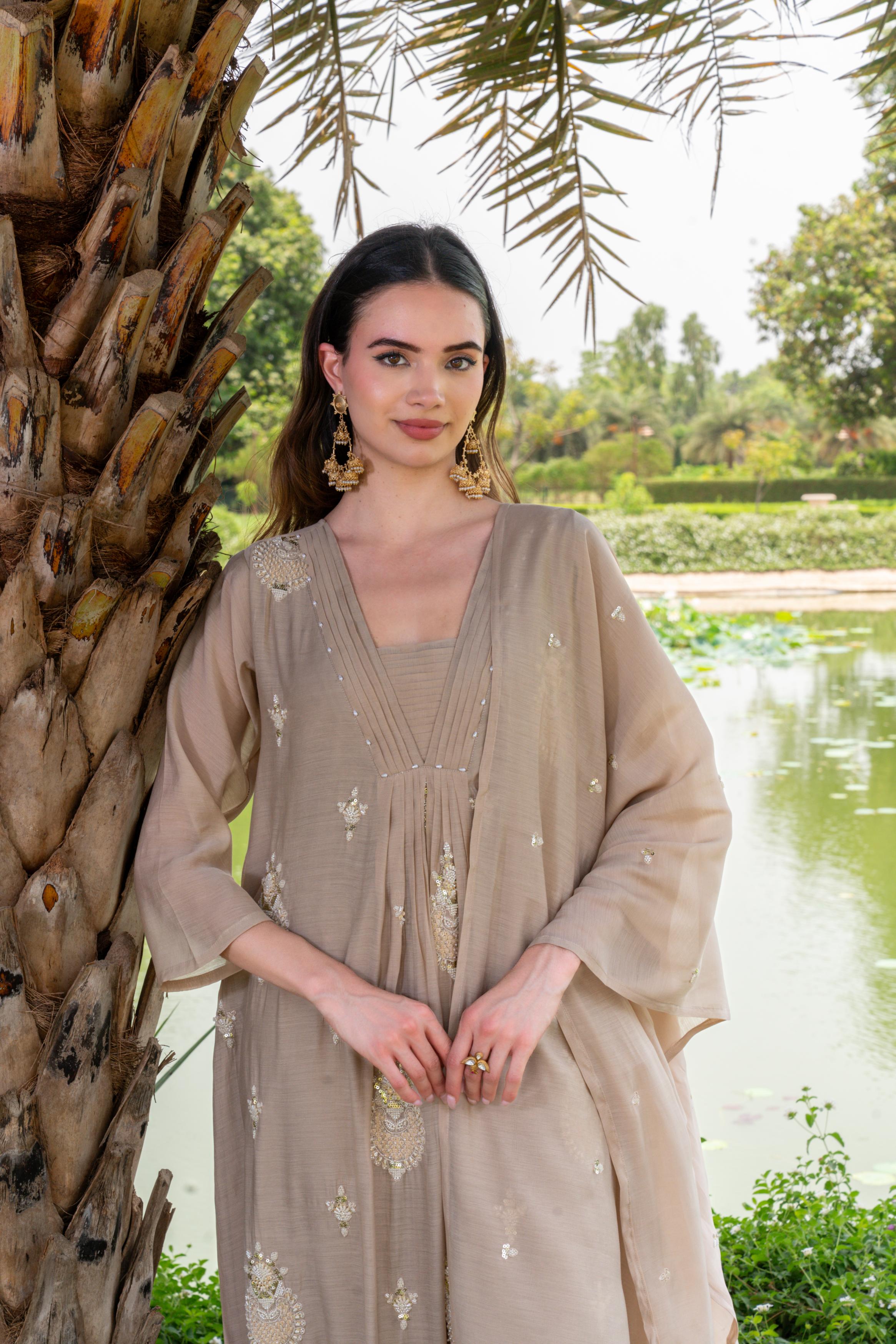 Muted Fawn Embellished Premium Silk Anarkali Set