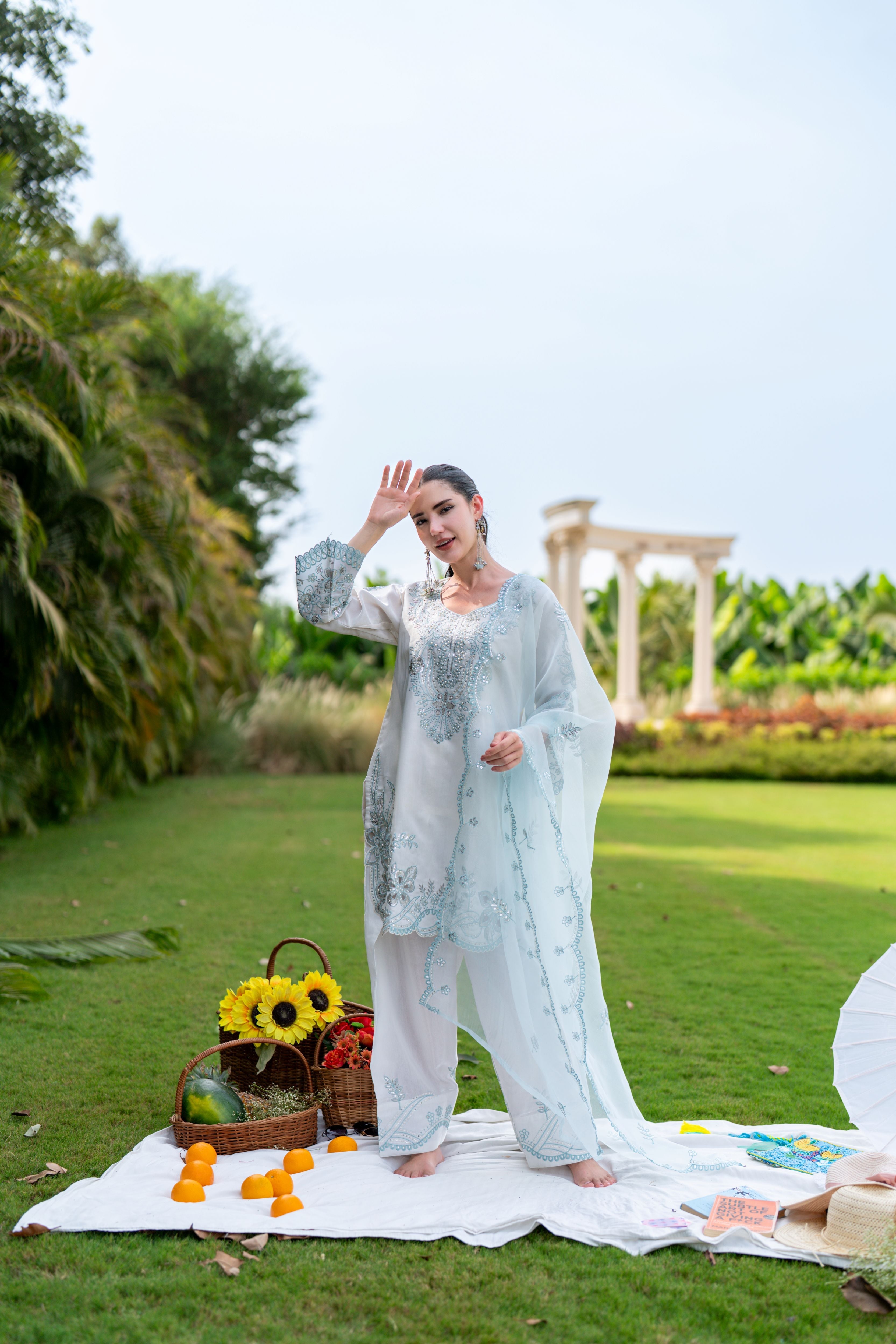 Ice Blue Glaze Embellished Satin Silk Pant Set
