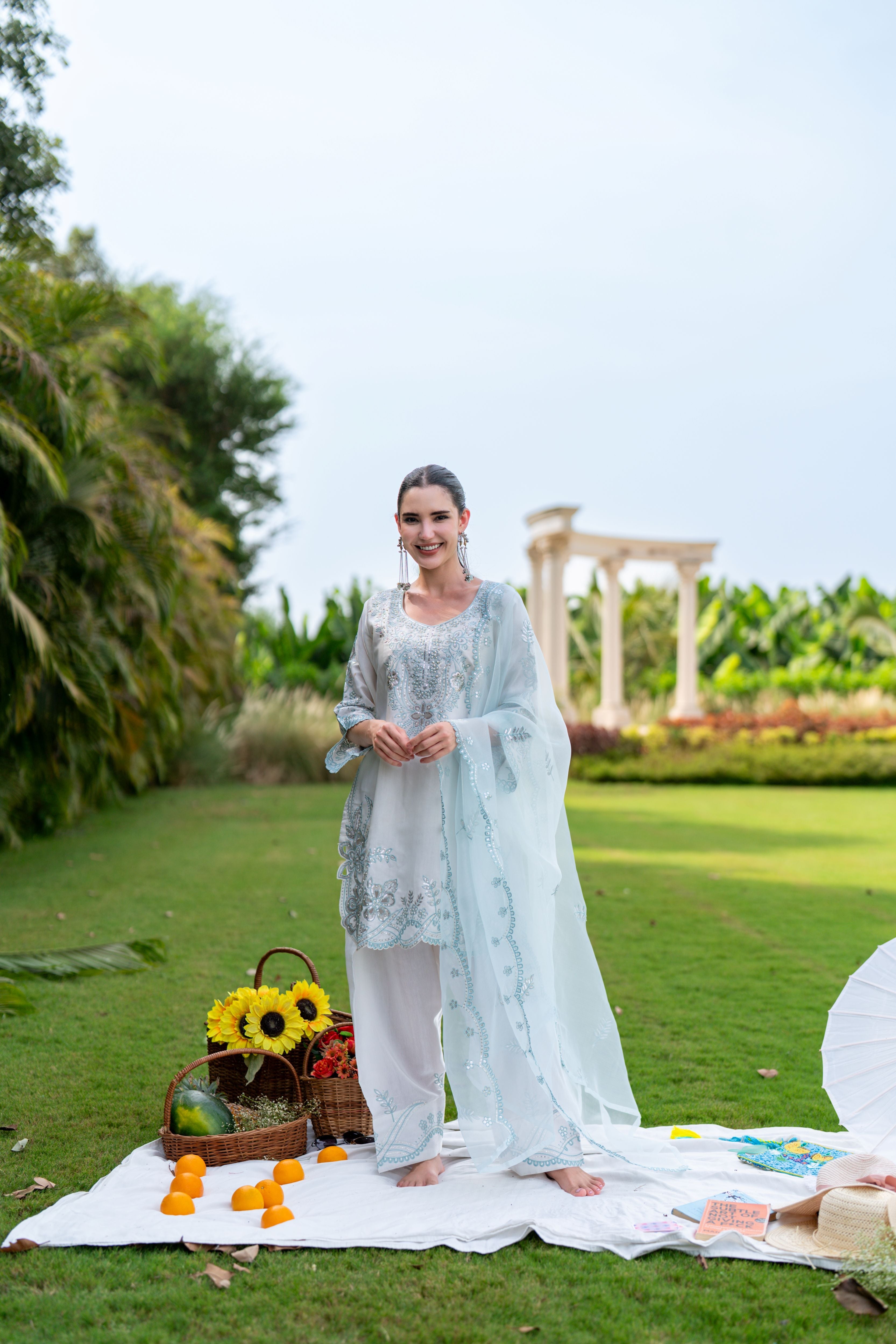 Ice Blue Glaze Embellished Satin Silk Pant Set