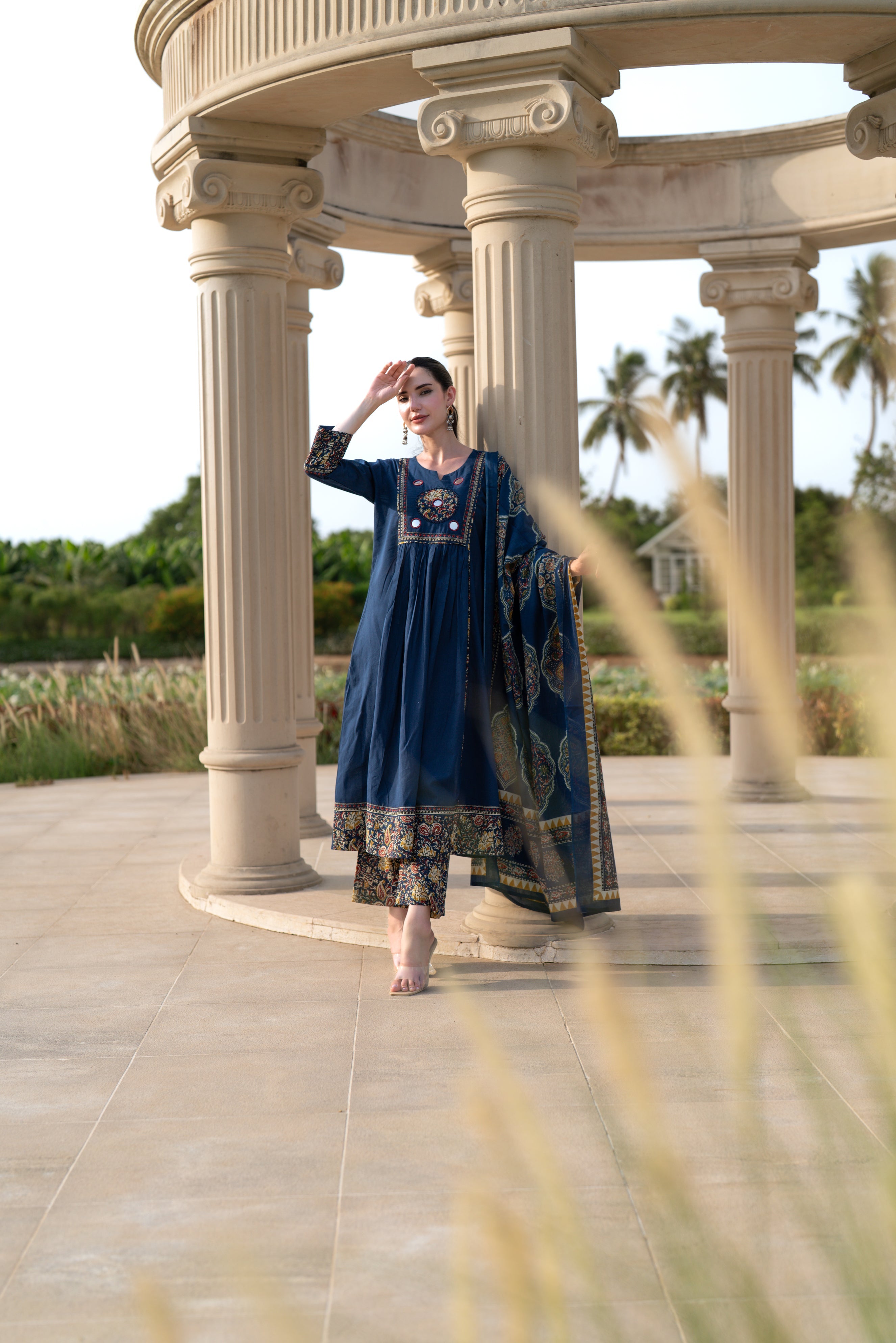 Sapphire Kalamkari Printed Cotton Anarkali Set
