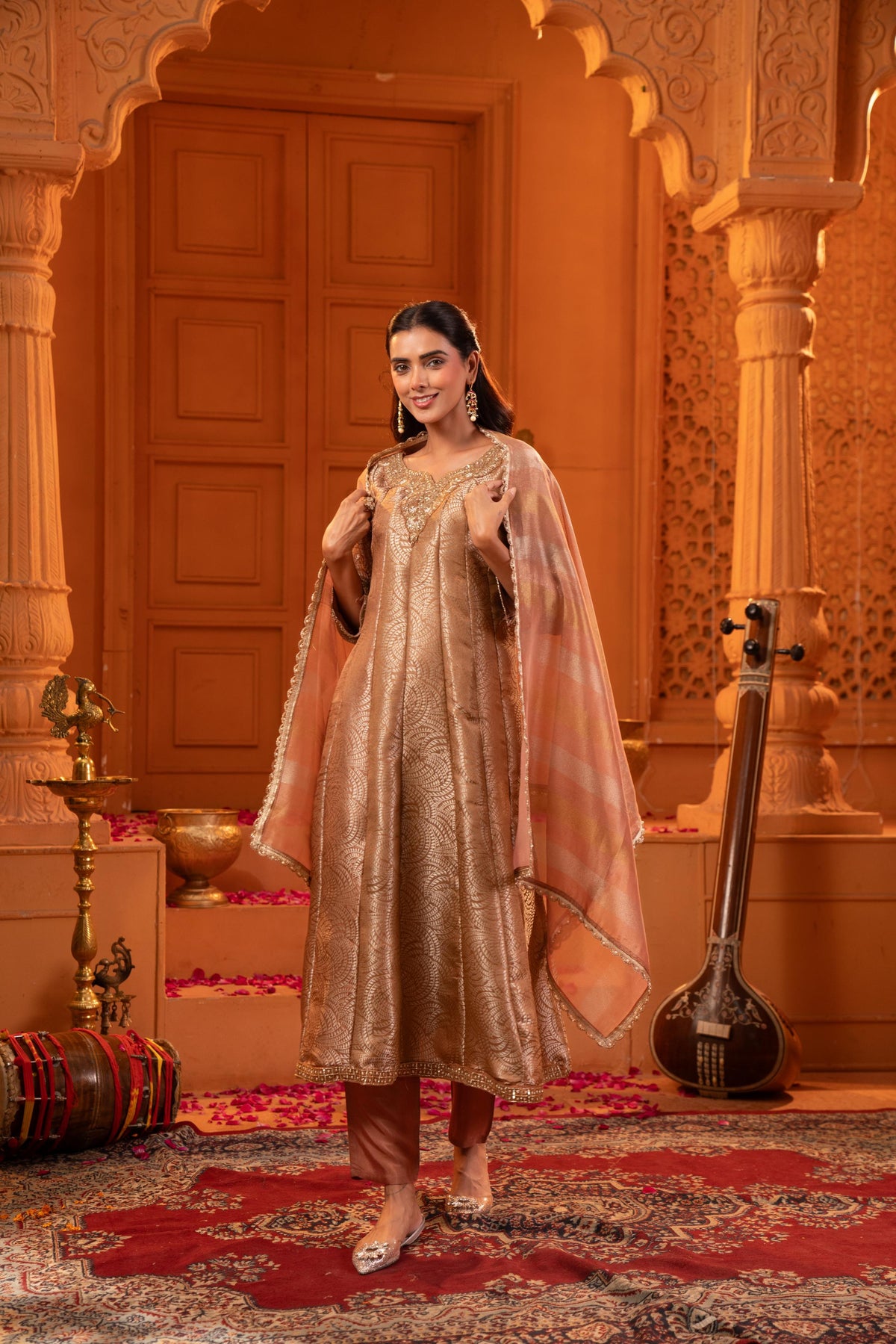 Walnut Brown Embellished Brocade Silk Pant Set