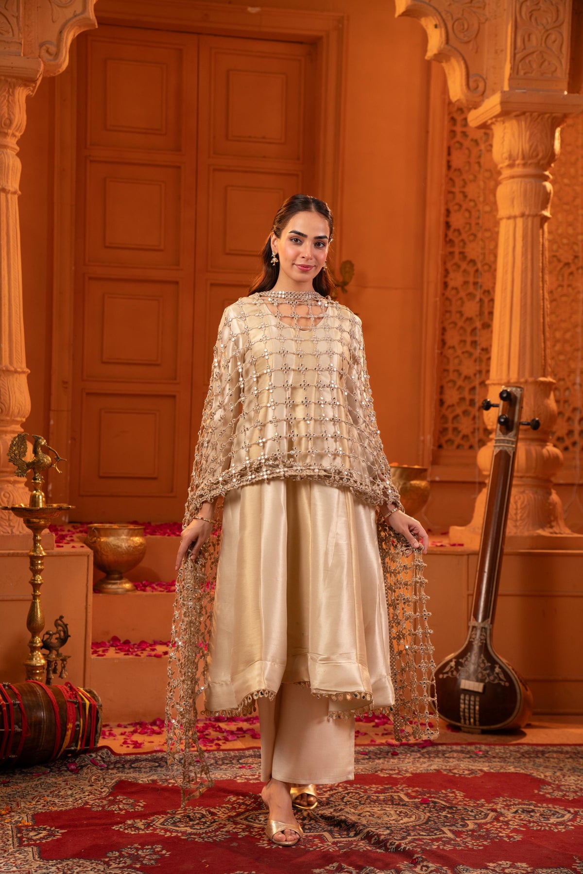 Cream & Silver Gold Embellished Jacquard Silk Anarkali Set