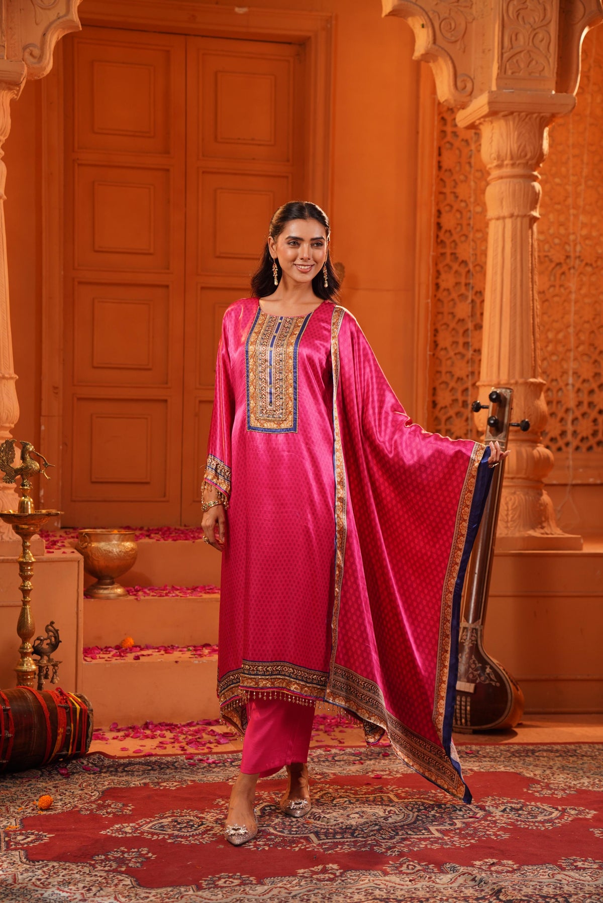 Hot Pink Embellished Crepe Satin Silk Palazzo Set