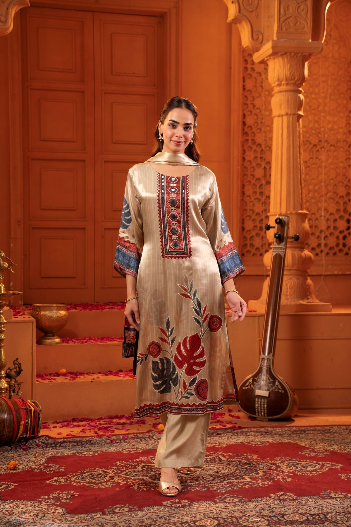 Beige Embellished Muslin Silk Pant Set