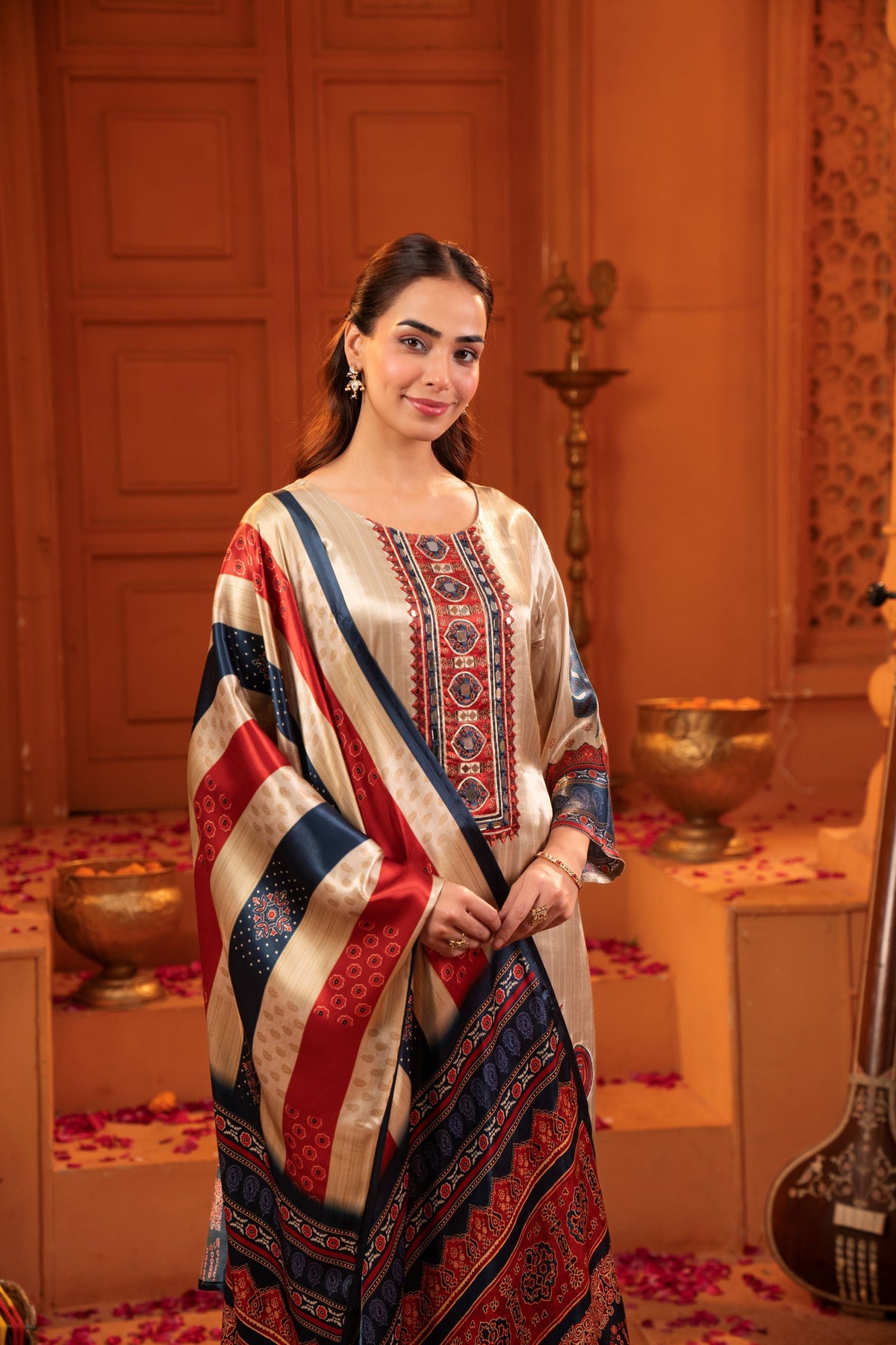 Beige Embellished Muslin Silk Pant Set