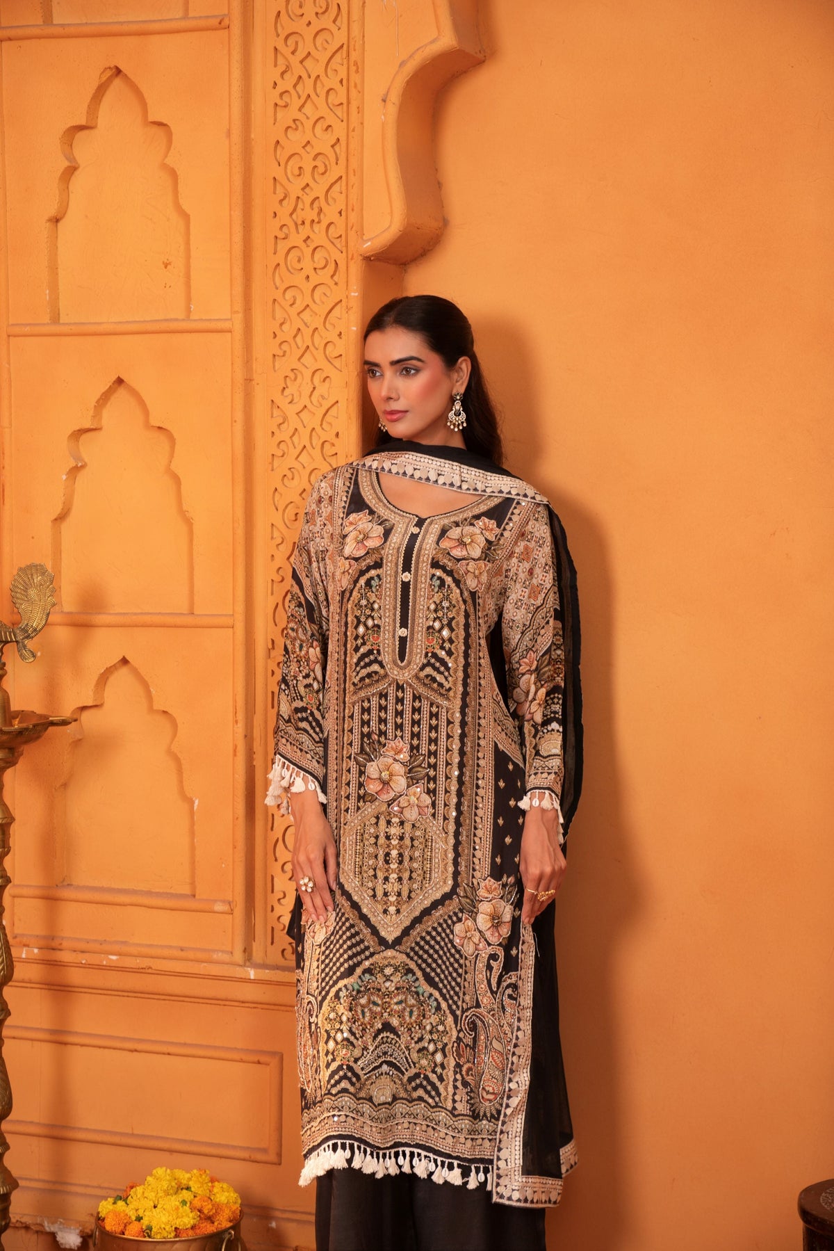 Black Embellished Muslin Silk Palazzo Set