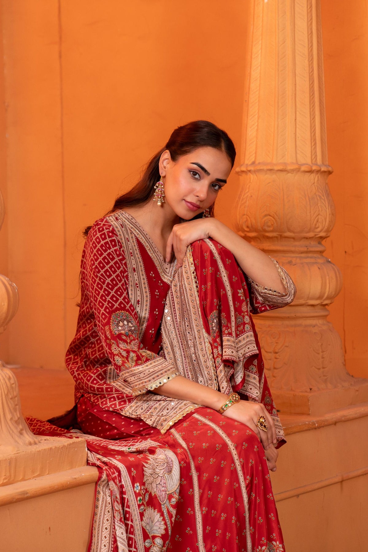 Rust Red Embellished Crepe Silk Sharara Set