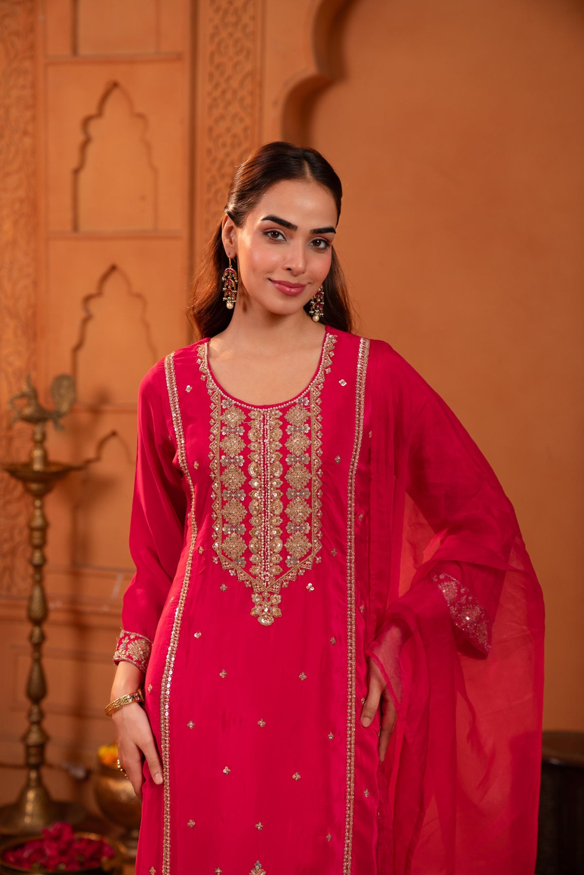 Fuchsia Pink Embellished Crepe Silk Palazzo Set