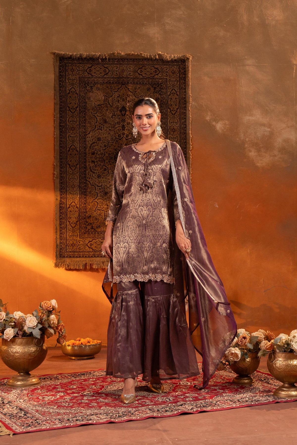 Metallic Plum Purple Embellished Brocade Silk Sharara Set